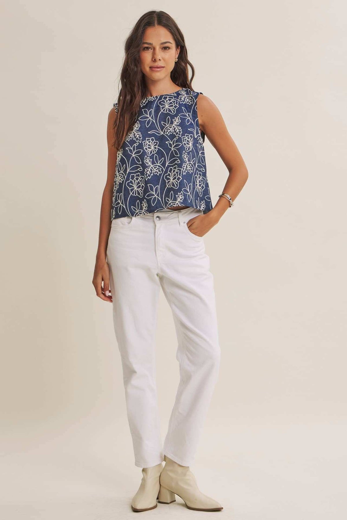 Coastal Chambray Embroidered Blouse with Statement Bow Back