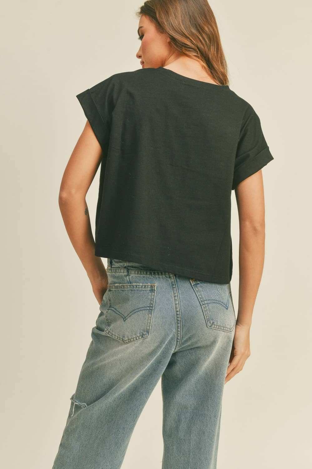 Midnight Cotton Cuffed Sleeve Cropped Top