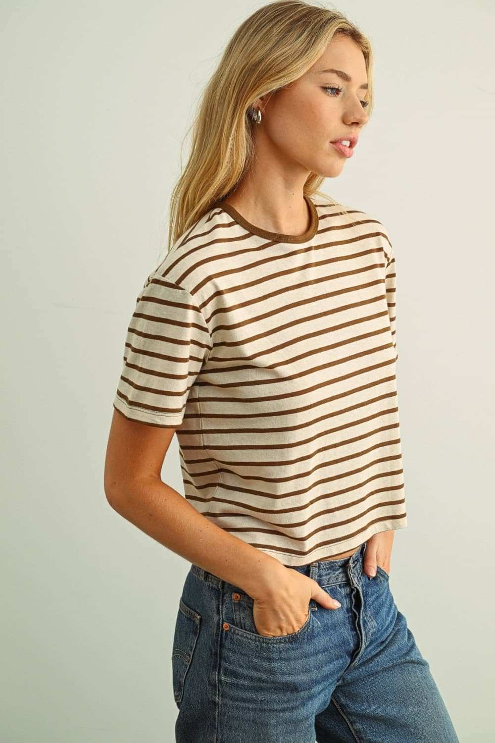 Sienna Brown Striped Linen-Blend Cropped Ringer Tee
