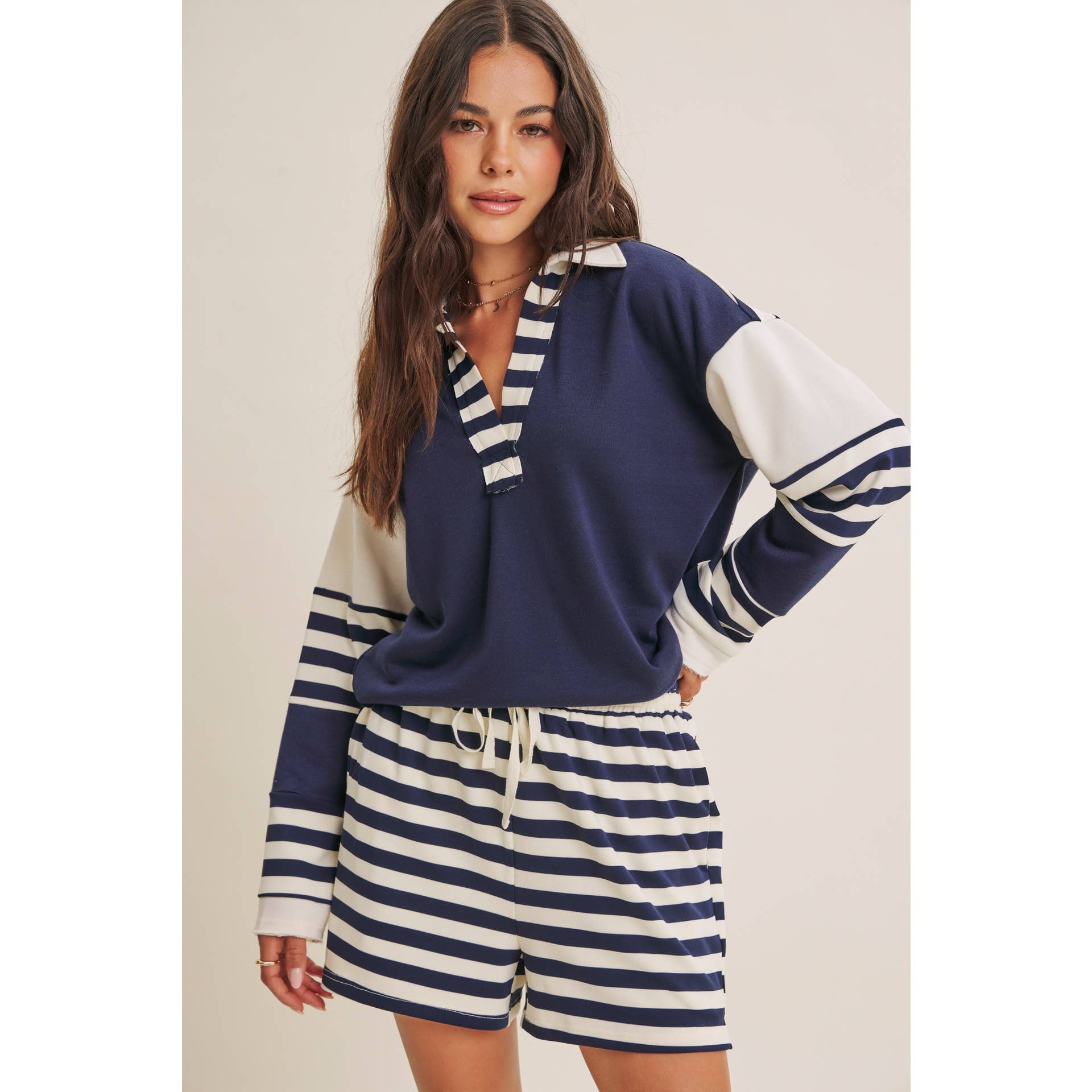 FRESH COASTAL STRIPE RELAXED FIT FRENCH TERRY LOUNGE SHORTS: TWILIGHT BLUE / S | Stella & Grace Boutique .