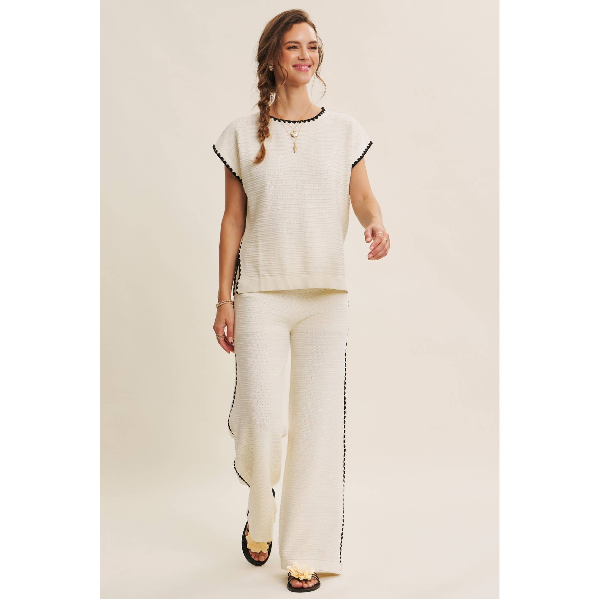 PLAYFUL SOPHISTICATION BEACHY TEXTURED SWEATER PANTS: IVORY / S | Stella & Grace Boutique .