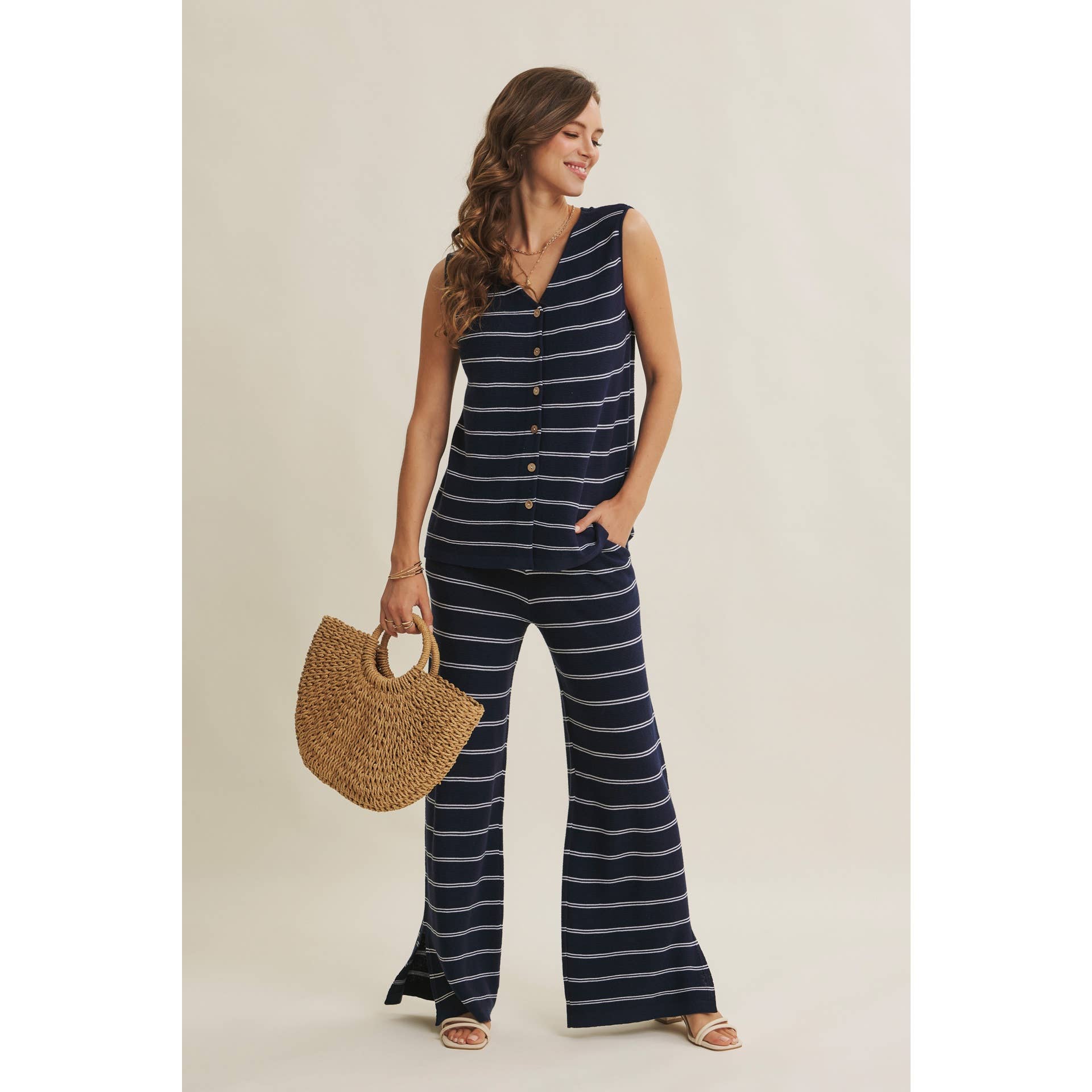 BAYSIDE LEISURE STRIPED BUTTON-DOWN LINEN BLEND SWEATER TOP: NAVY/CREAM / S | Stella & Grace Boutique .