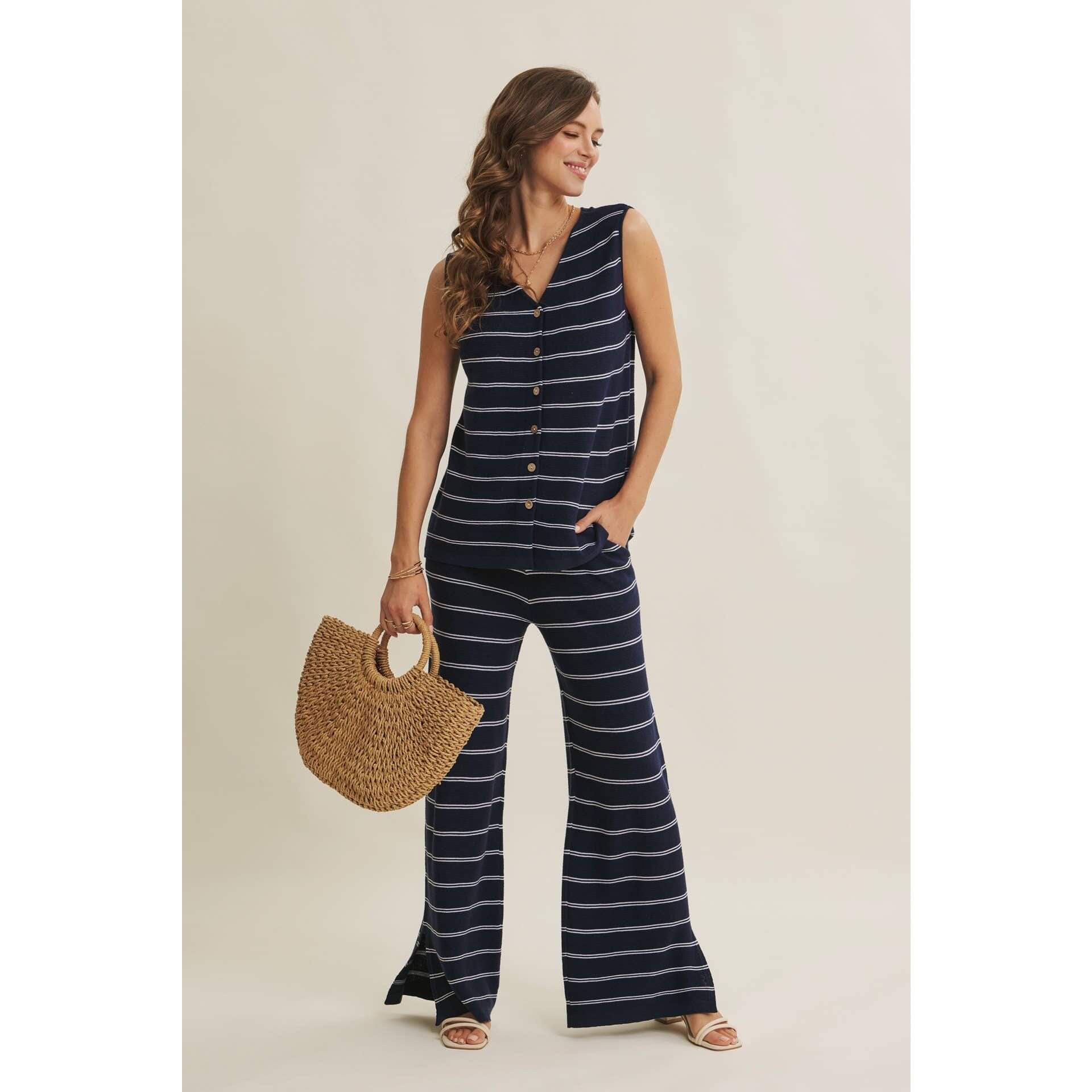 Navy Stripe Linen-Cotton Sleeveless Sweater Top