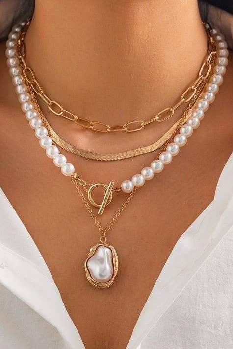 PEARL CHARM MULTILAYER PEARL GOLD MIX NECKLACE | 40NK9458: GOLD