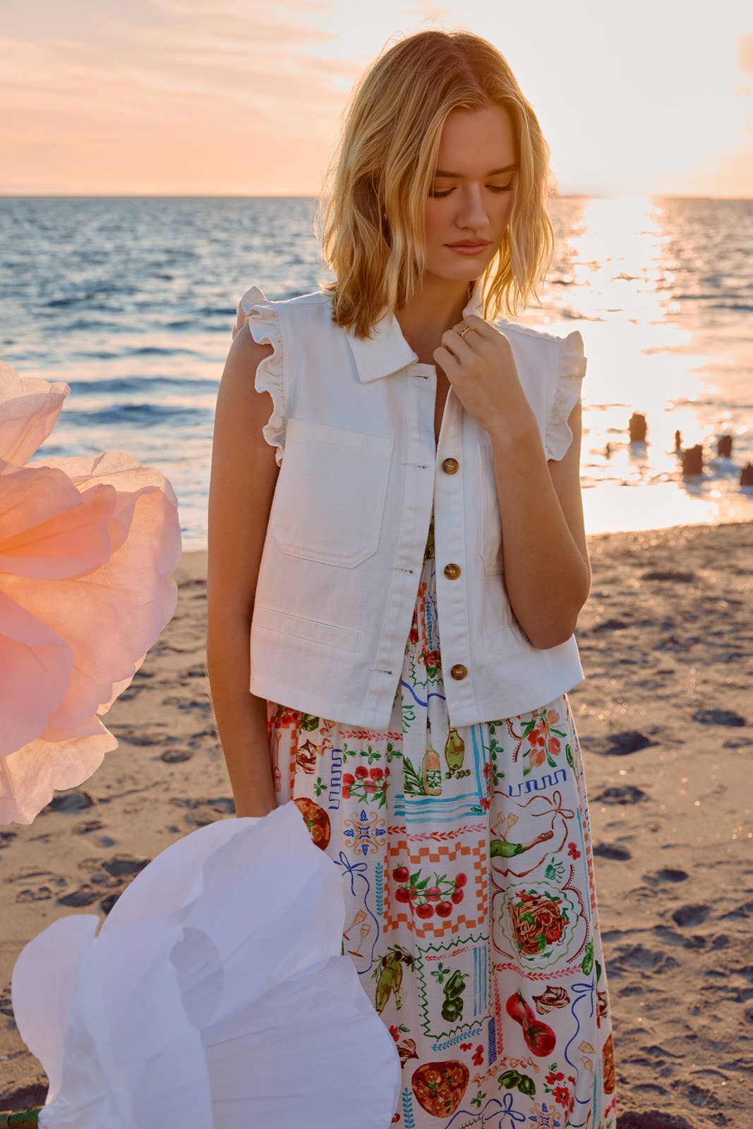 RUFFLE SLEEVE BUTTON DOWN TWILL VEST: White / S