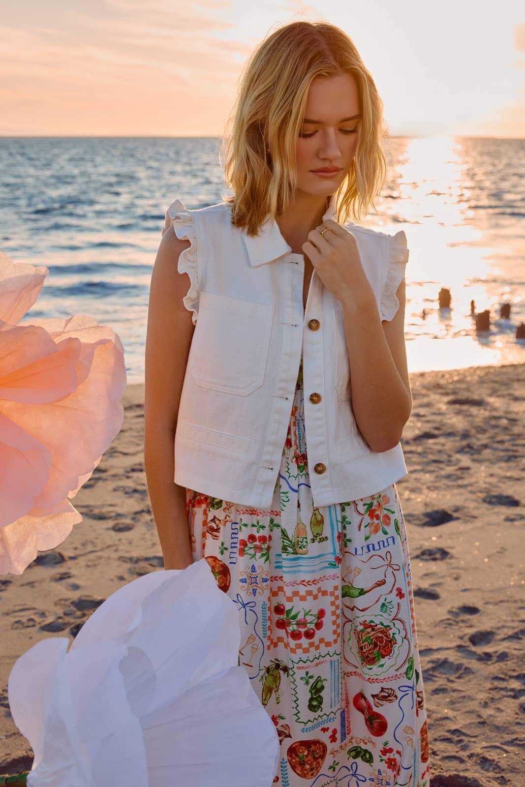 RUFFLE SLEEVE BUTTON DOWN TWILL VEST: White / S