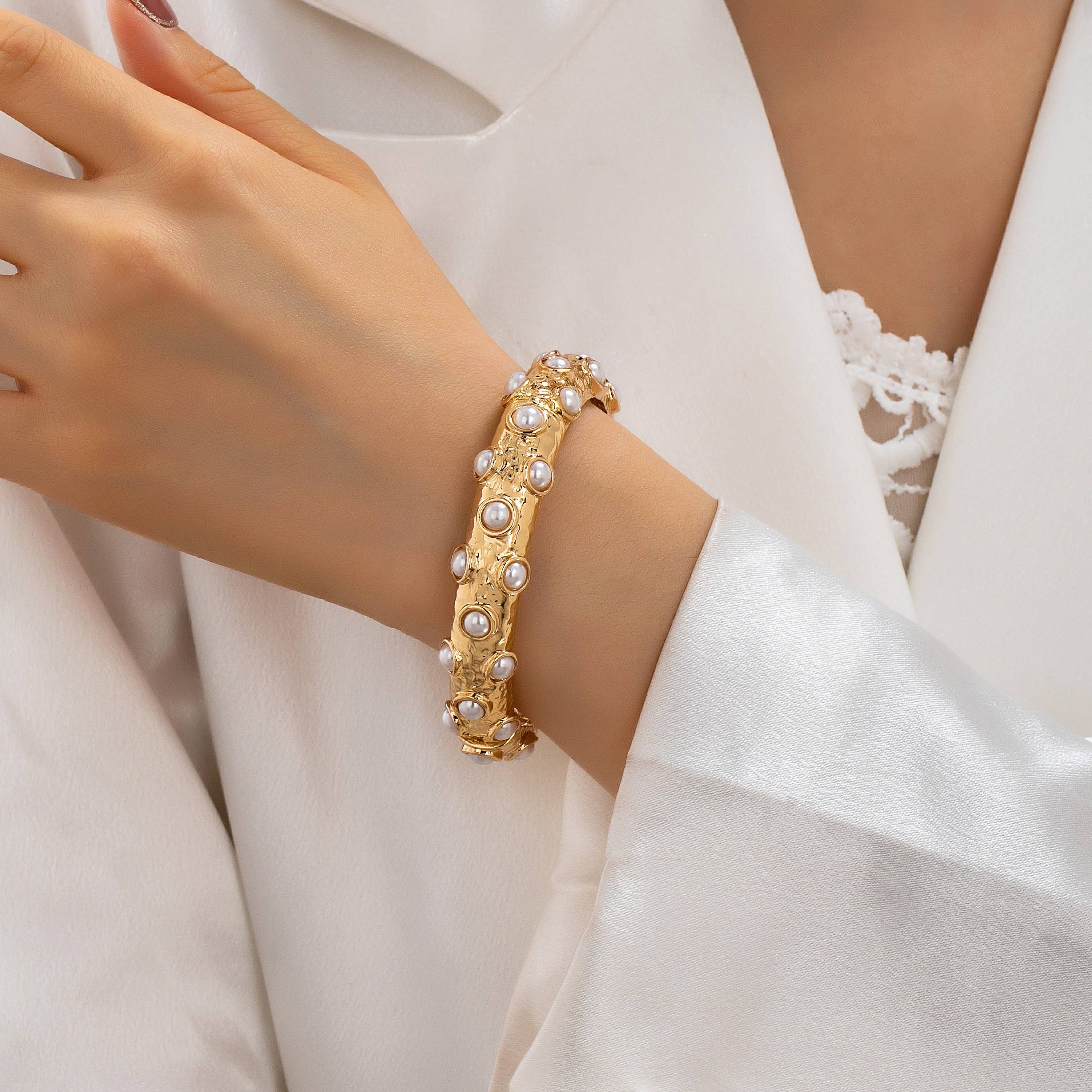 Vintage Gold and Pearl Embellished Bangle | 80B1772: Gold | Stella & Grace Boutique .
