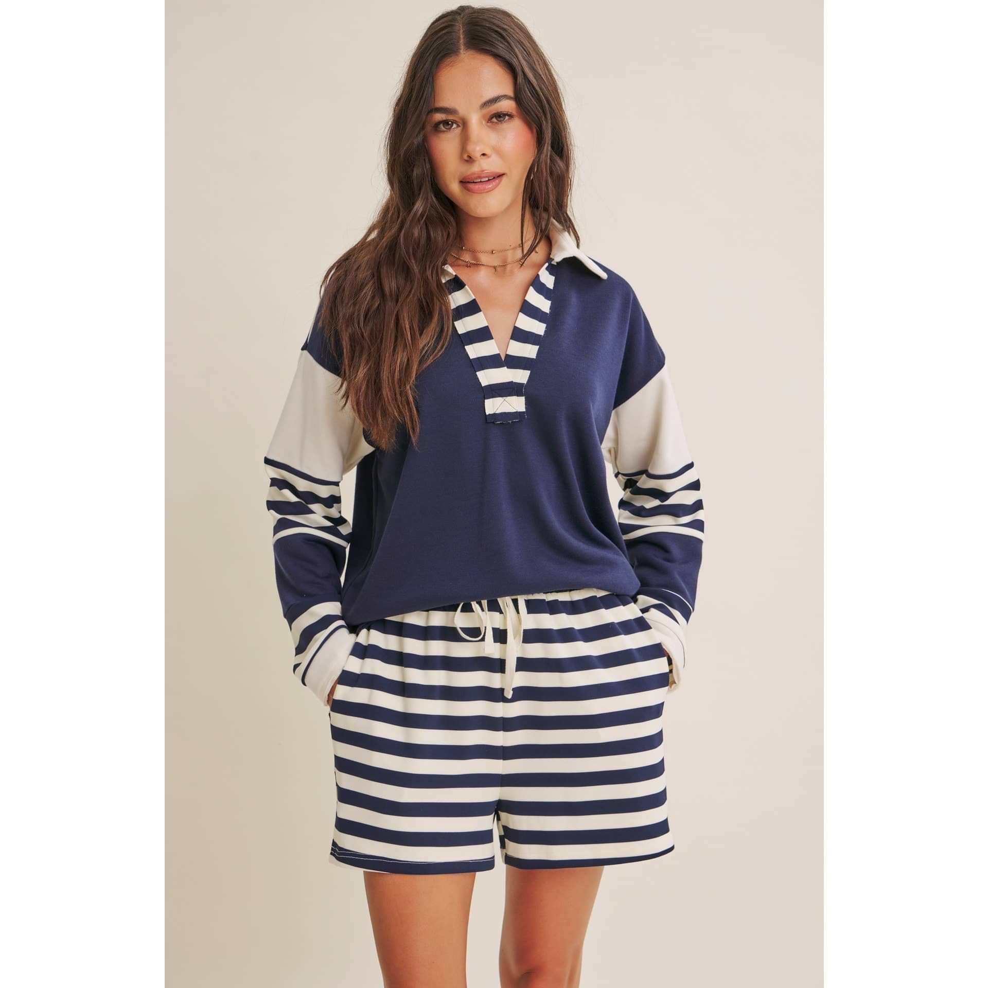 Coastal Stripe Relaxed French Terry Collared Top