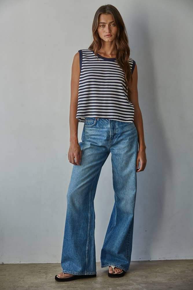 L9705 | Knit Cotton Spandex Striped Ribbed Sleeveless Top: Navy / S