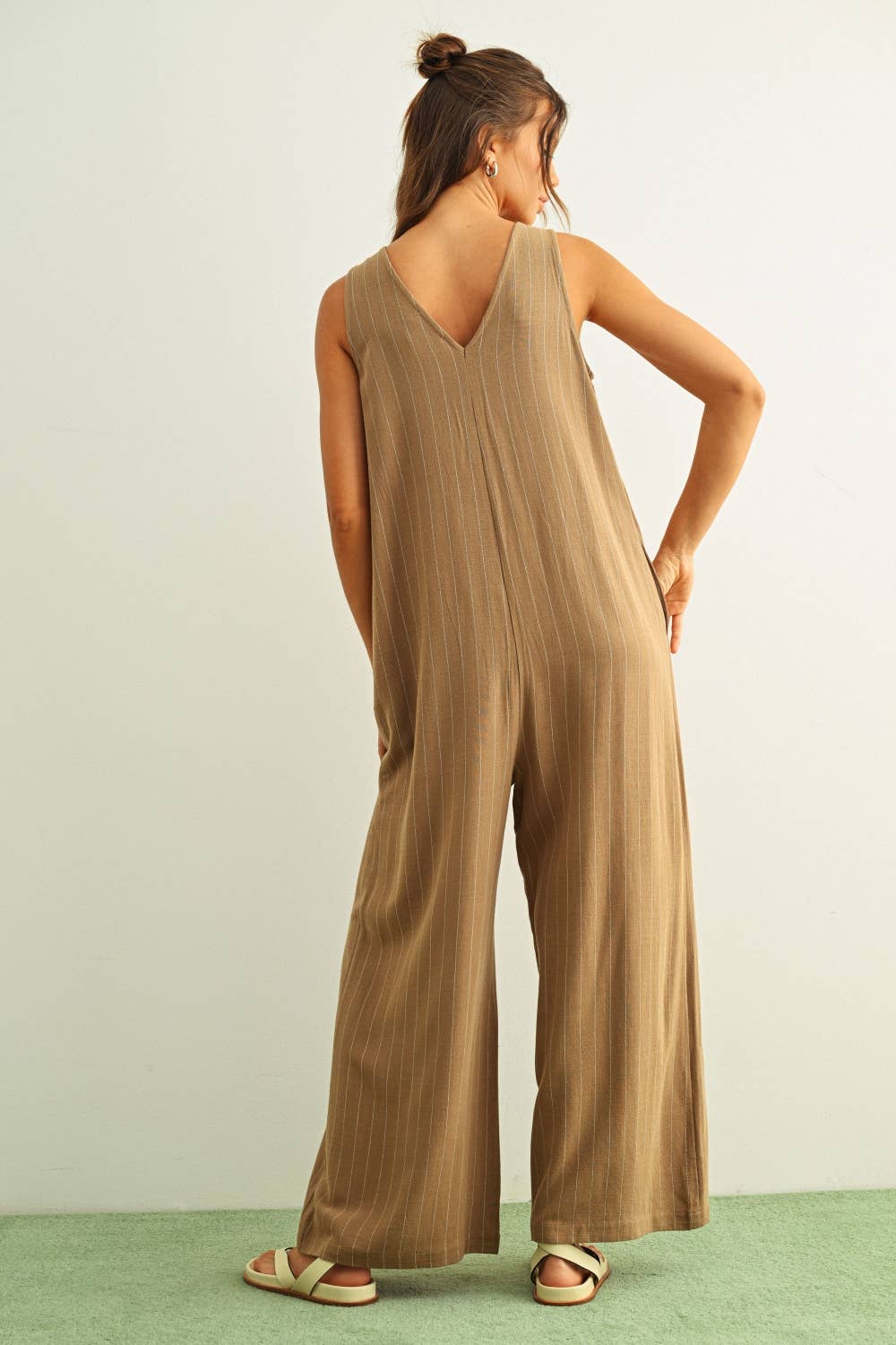 JU6164 STRIPED PATTERN BUTTON FRONT JUMPSUIT: MOCHA/CREAM / S | Stella & Grace Boutique .