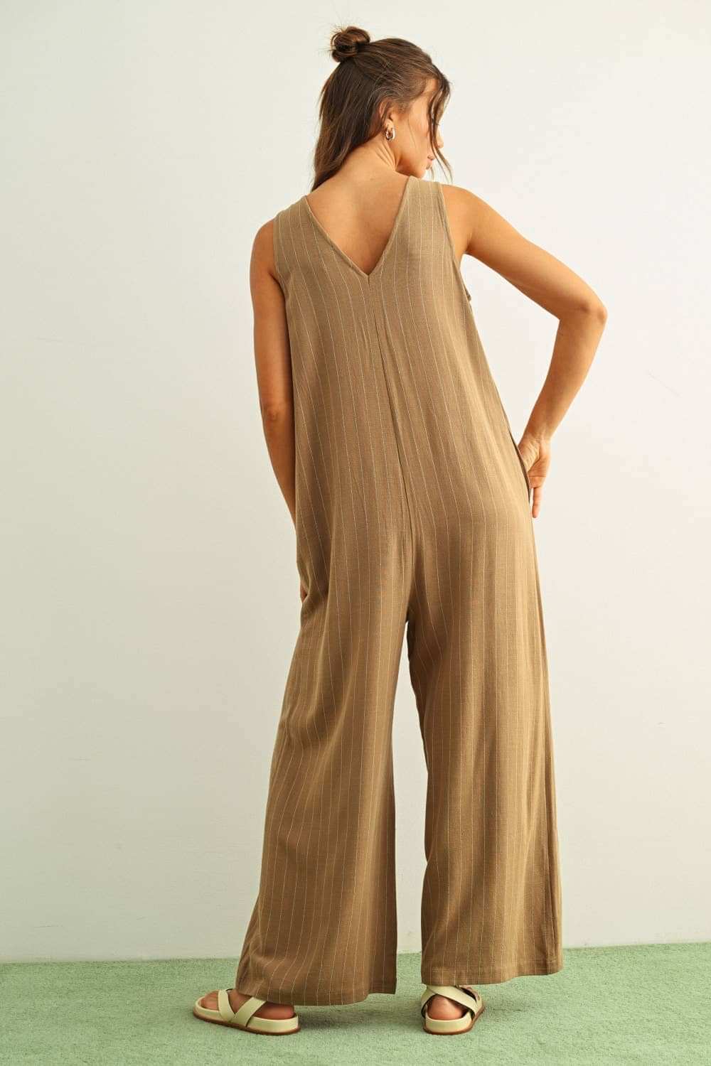 Mocha Striped Linen-Blend Button Front Jumpsuit with Pockets