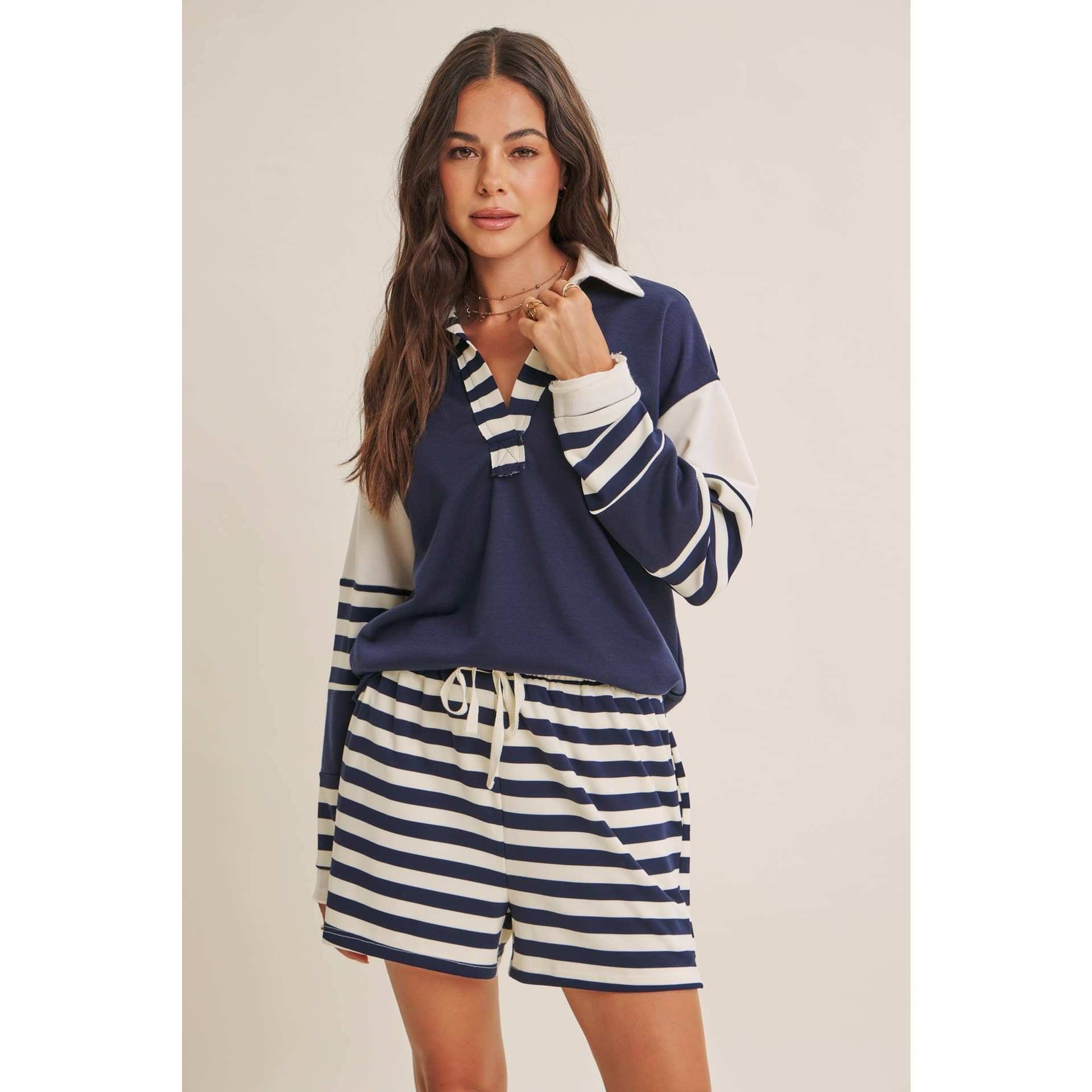 Coastal Stripe Relaxed French Terry Collared Top