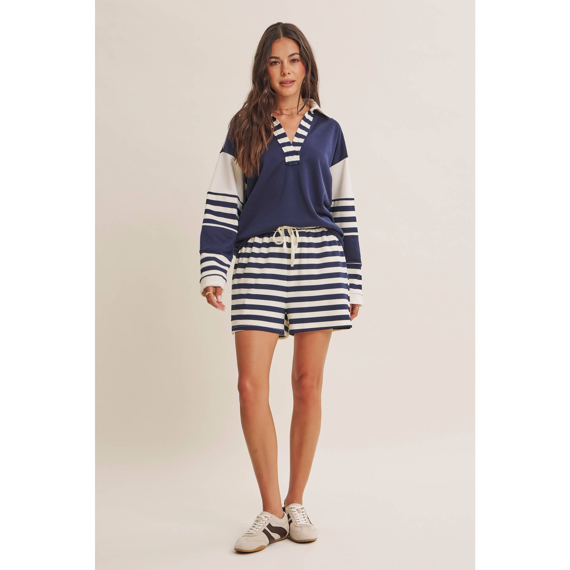 FRESH COASTAL STRIPE MIX RELAXED FIT FRENCH TERRY TOP: TWILIGHT BLUE / S | Stella & Grace Boutique .