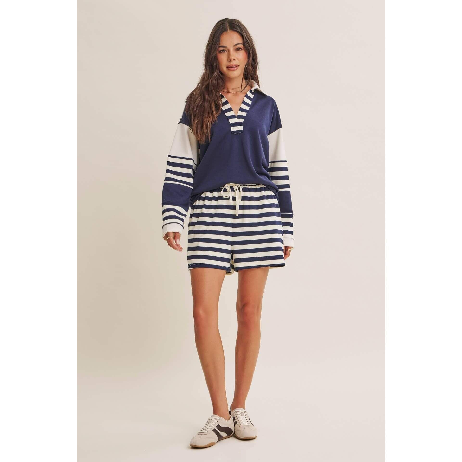 Coastal Stripe Relaxed French Terry Collared Top