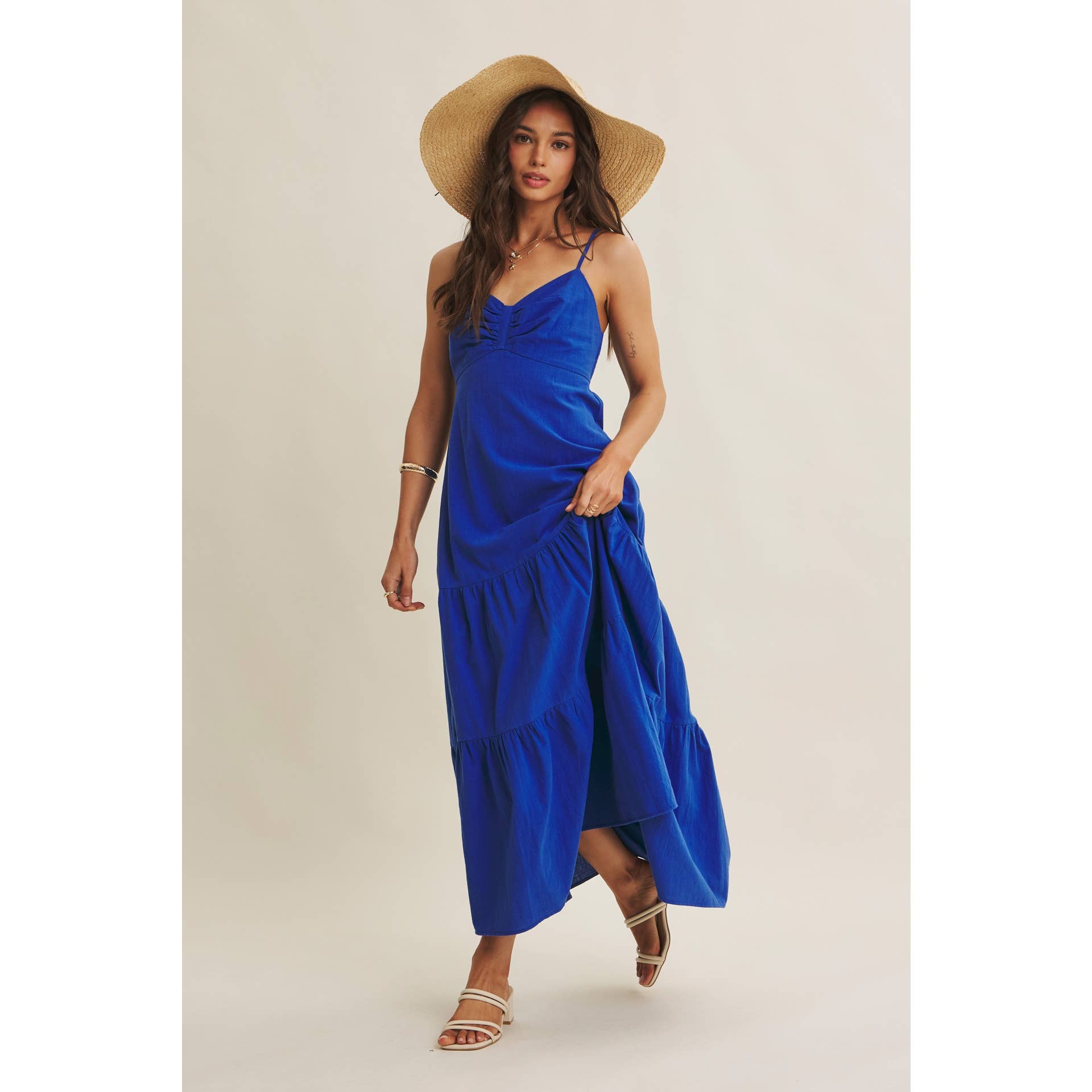 ISLAND SUNSET AIRY COTTON SMOCKED BACK RUCHED MAXI DRESS: ROYAL BLUE / S | Stella & Grace Boutique .