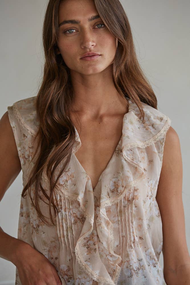 L9385T1 | Woven Polyester Floral Print V-Neck Sleeveless Top: Taupe Multi / S