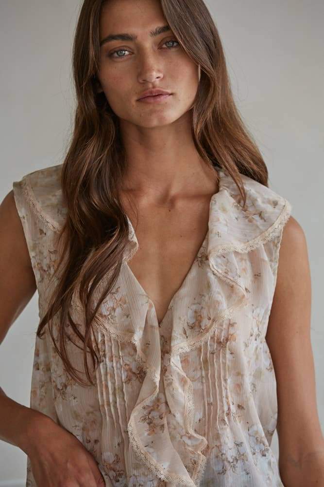 L9385T1 | Woven Polyester Floral Print V-Neck Sleeveless Top: Taupe Multi / S