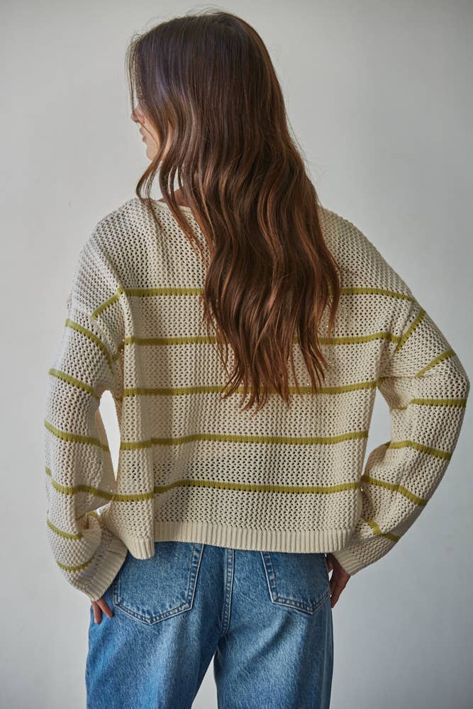 W2450 | Knit Cotton Acrylic Striped Round Neck Sweater: Cream Moss / S