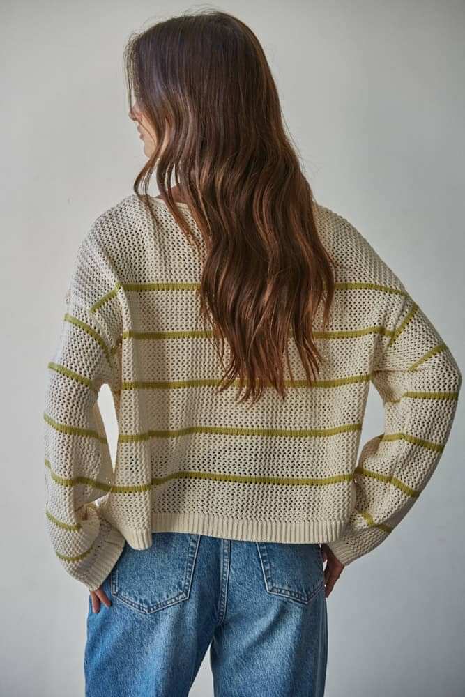 W2450 | Knit Cotton Acrylic Striped Round Neck Sweater: Cream Moss / S