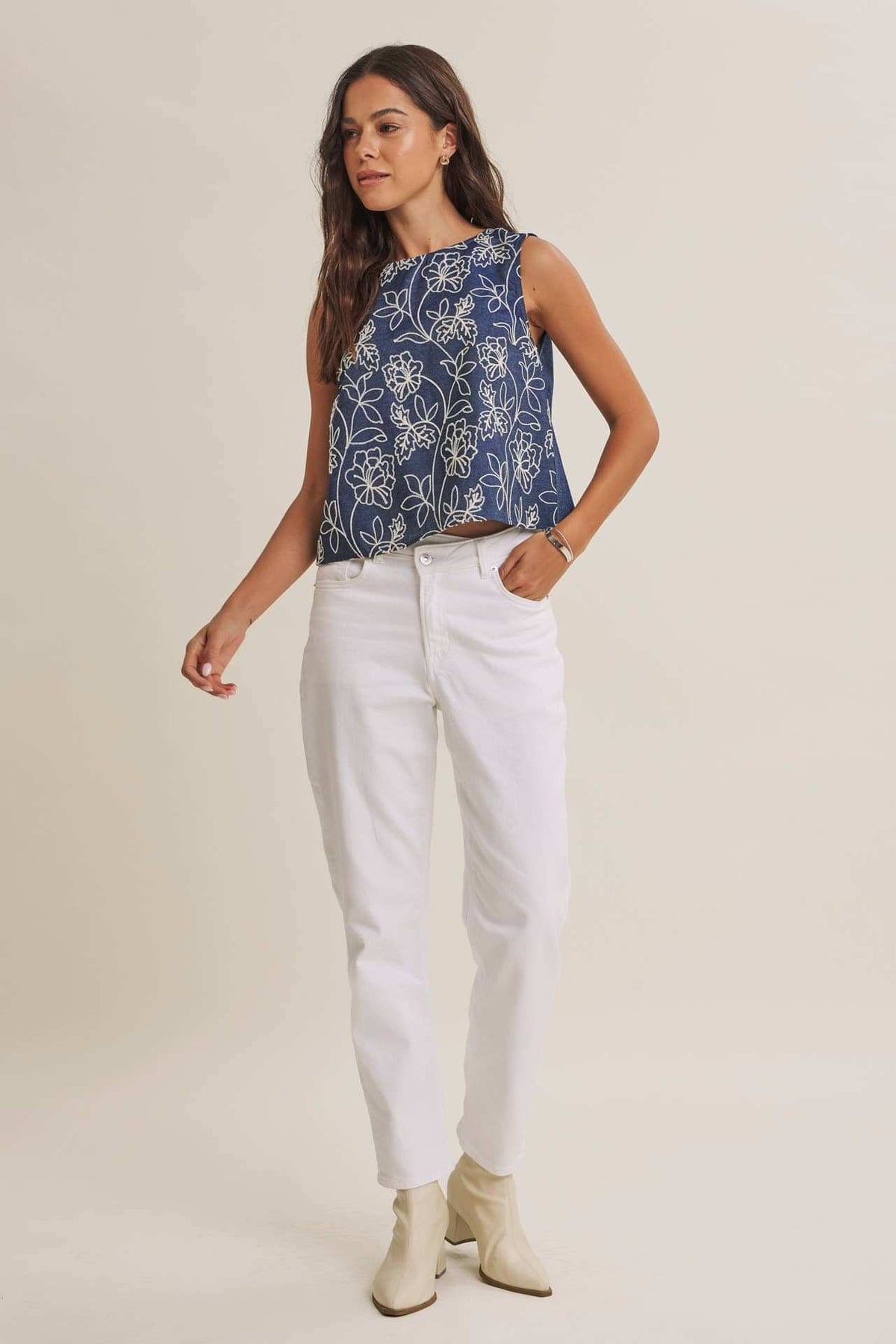 Coastal Chambray Embroidered Blouse with Statement Bow Back