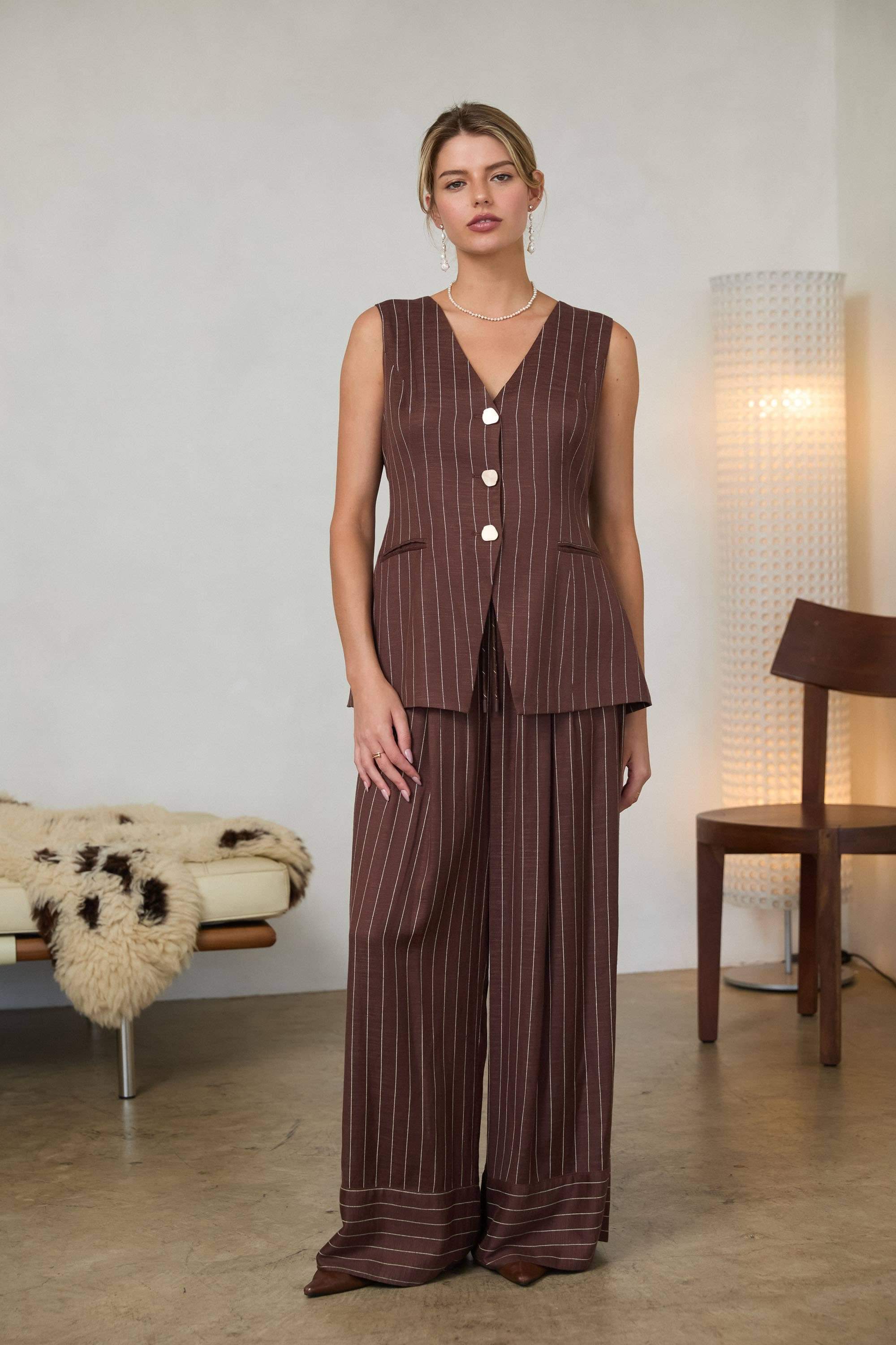 Pinstripe Vest: Brown-Ivory / XS