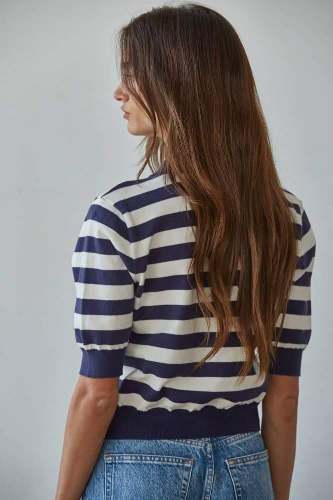 W2262 | Knit Sweater Striped Half Button Up Collar Neck Top: Navy White / S
