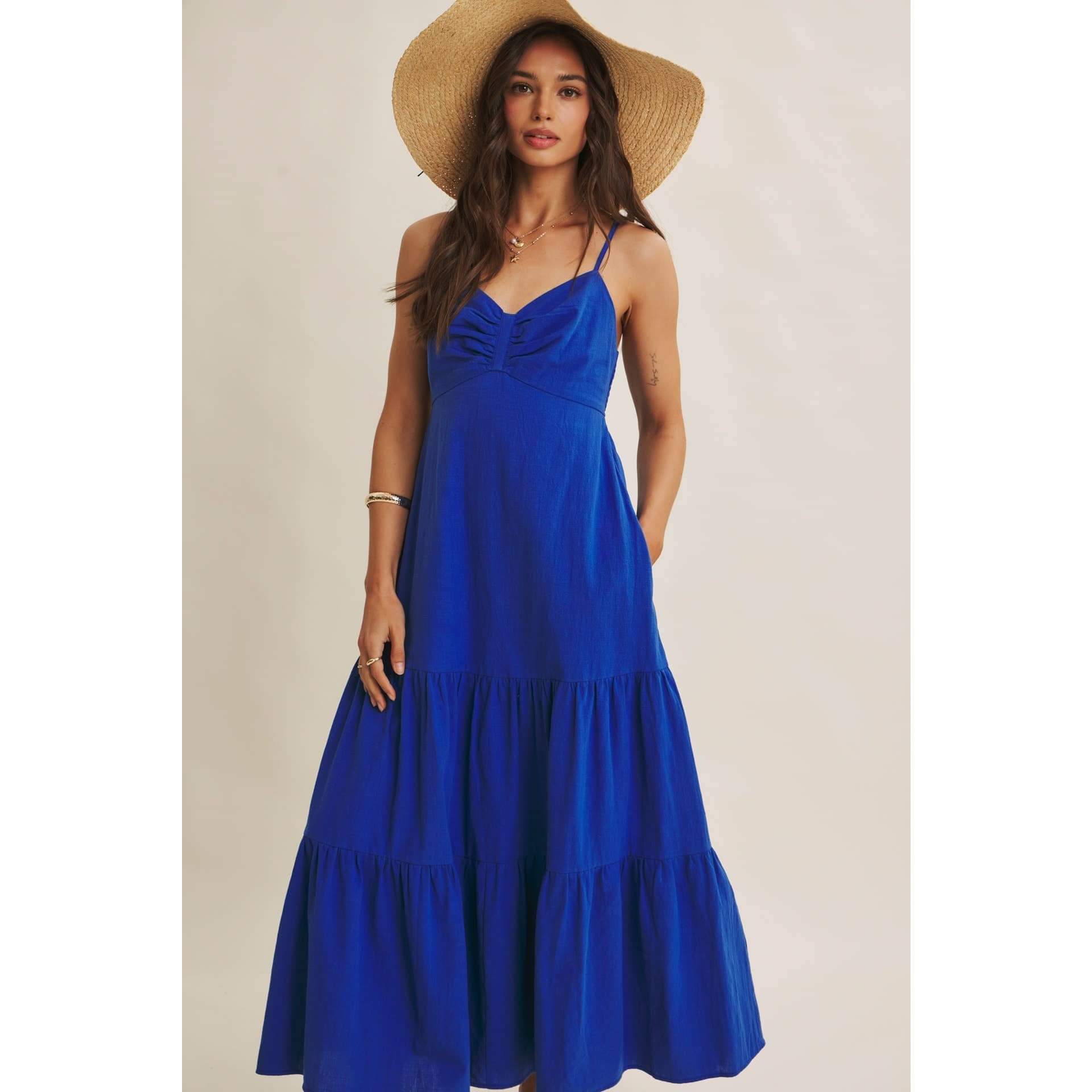 Royal Blue Smocked Back Ruched Cotton Maxi Dress with Pockets