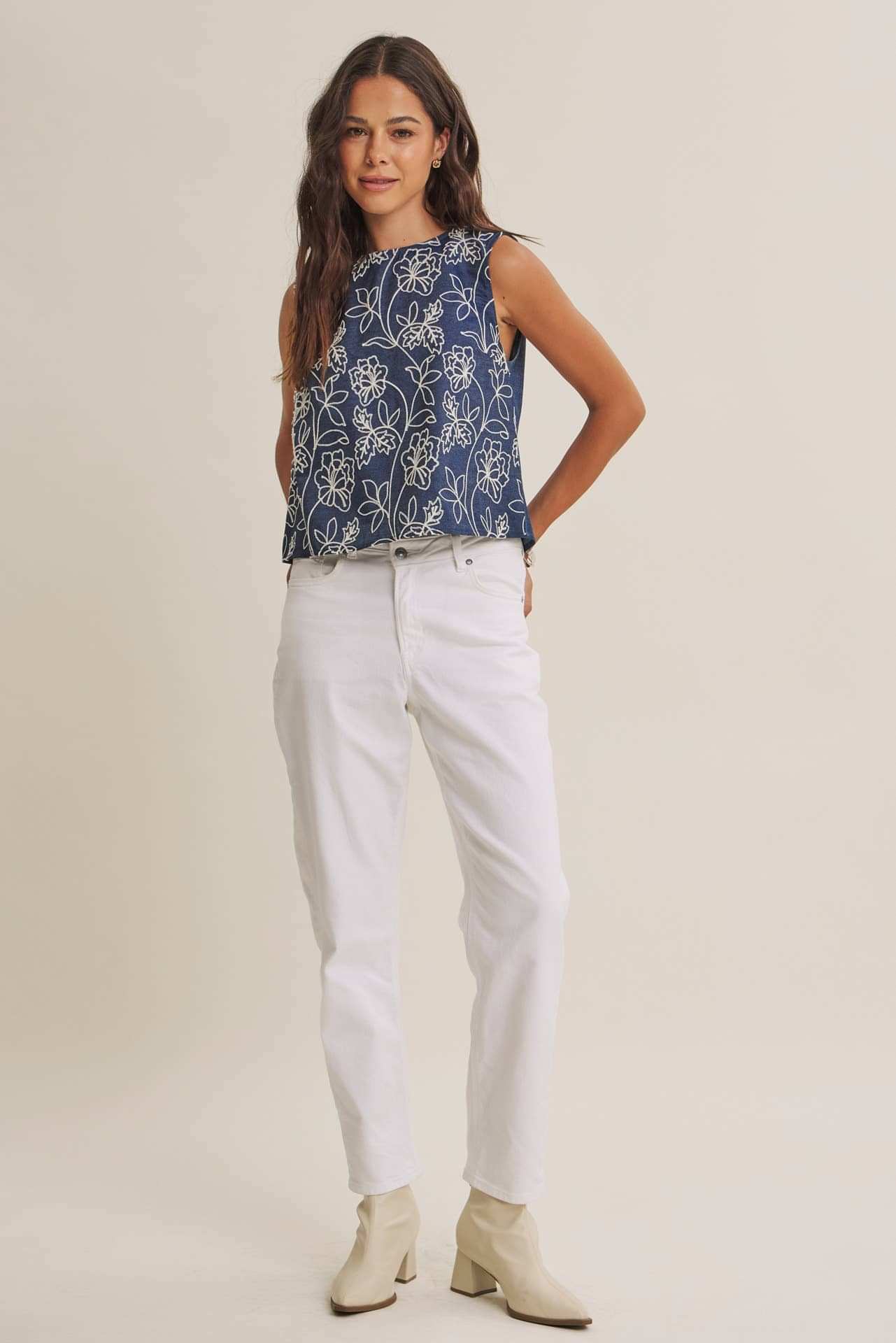 Coastal Chambray Embroidered Blouse with Statement Bow Back