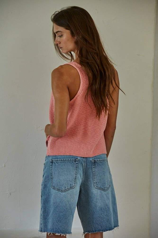W1925 | Knit Sweater Cotton V-Neck Sleeveless Tank Top: Peach Pink / S