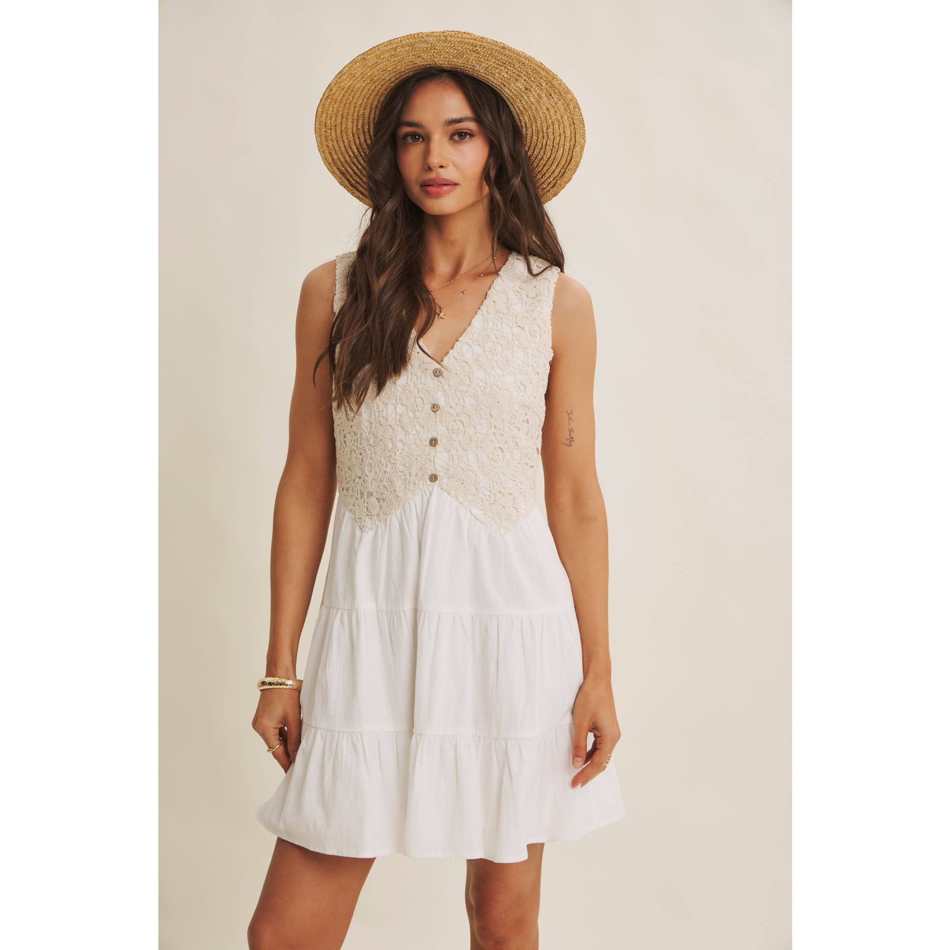 FRENCH PICNIC MIXED MEDIA COTTON CROCHET MINI DRESS: OFF WHITE / S