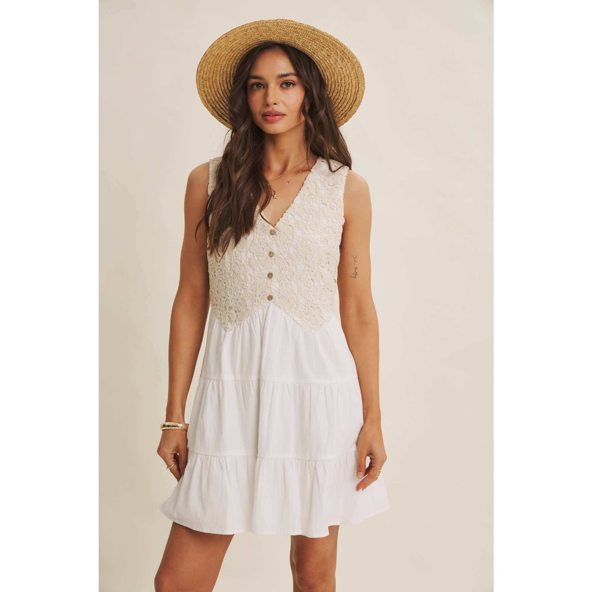 FRENCH PICNIC MIXED MEDIA COTTON CROCHET MINI DRESS: OFF WHITE / S
