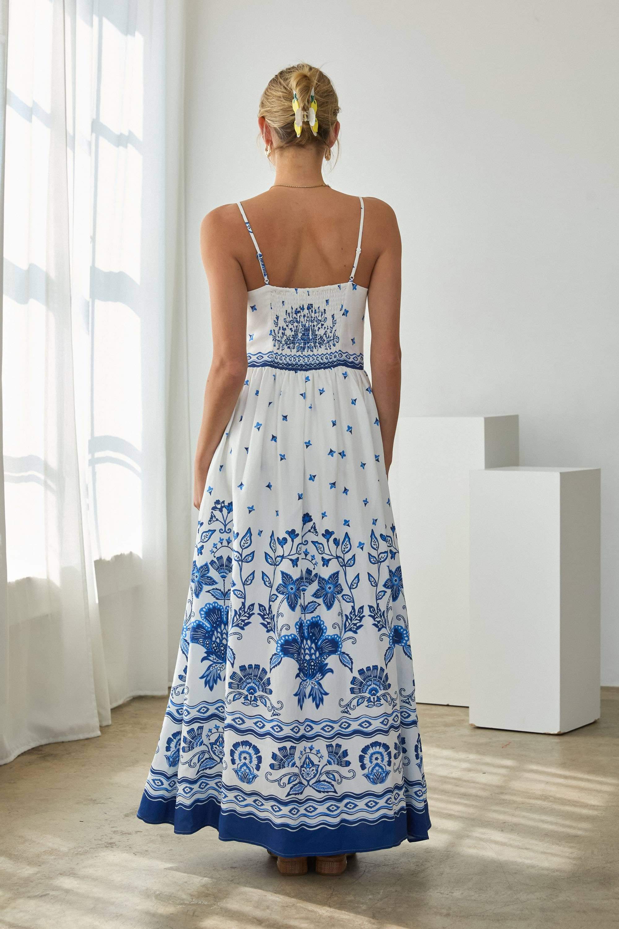 Serene Blue Floral Border Print Maxi Dress