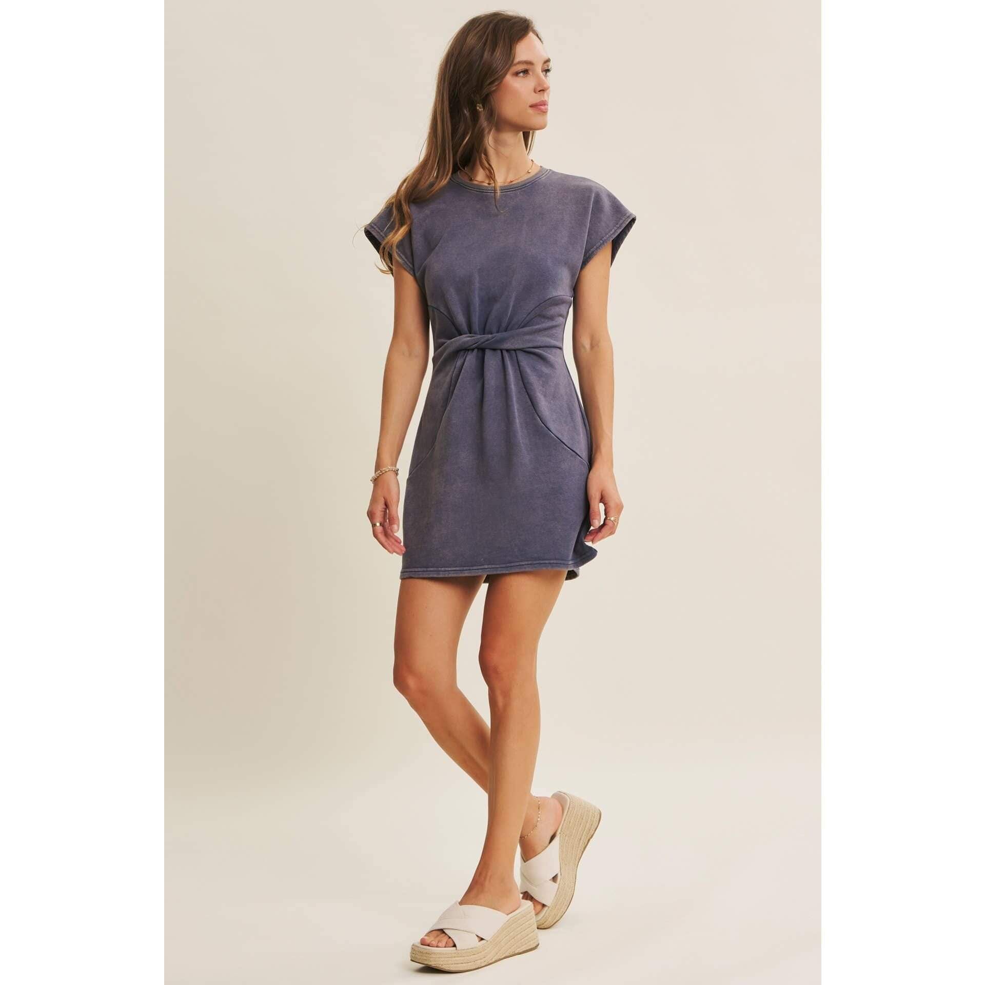EASYGOING MINERAL-WASHED WAIST TWIST TERRY MINI DRESS: WASHED DENIM / S