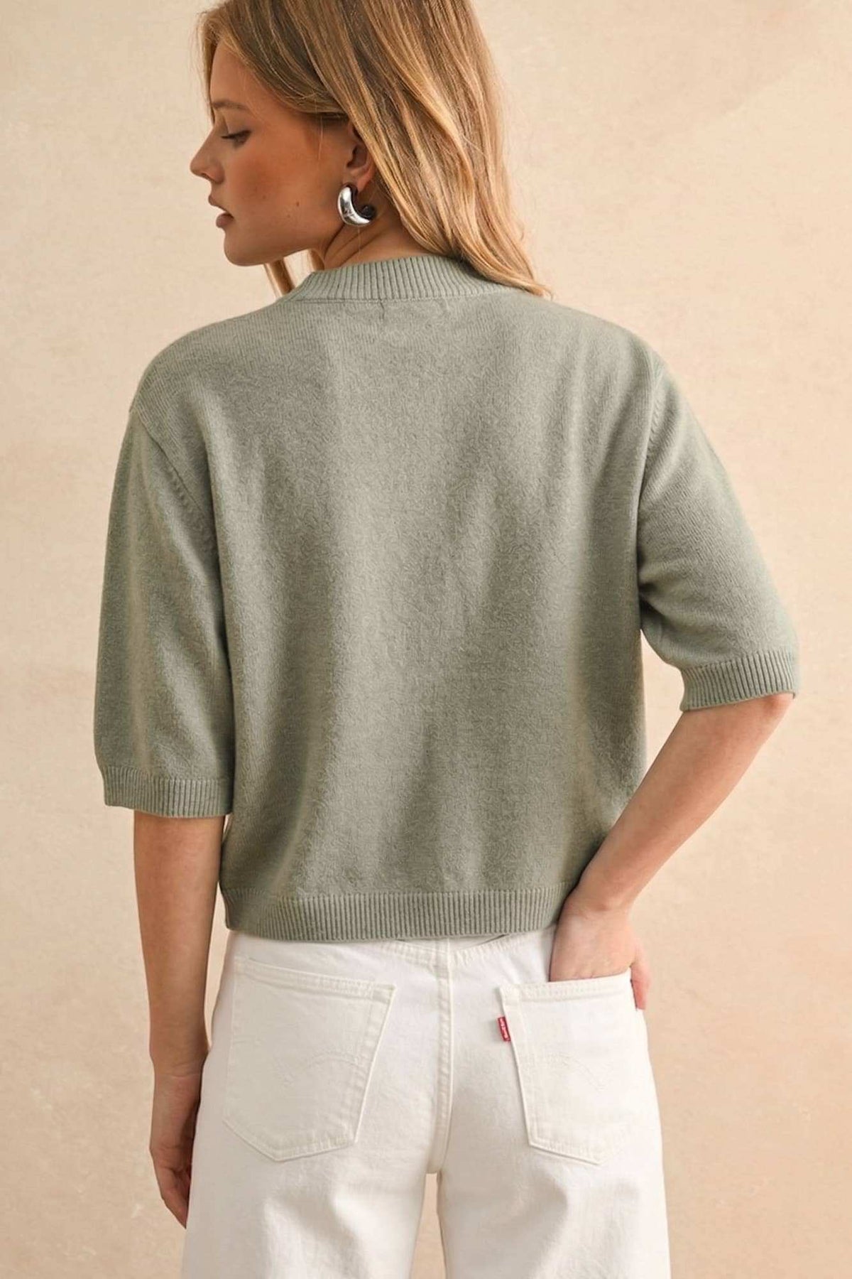 Sage Butter Cropped Short Sleeve Knit Sweater Top