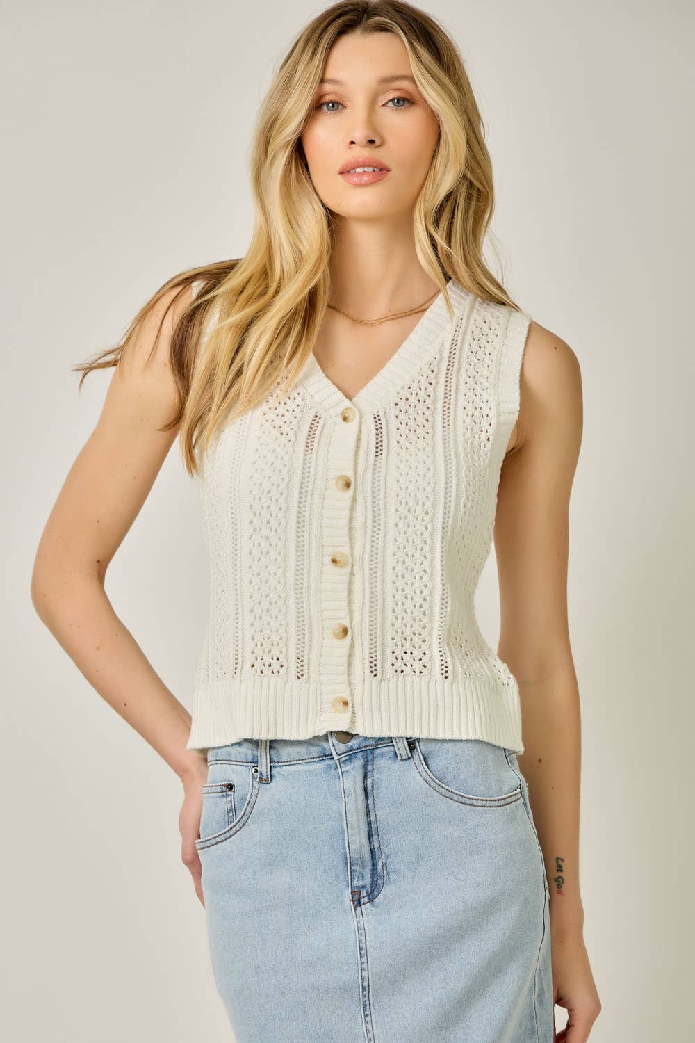 71168 Pointelle Knitted Button Up Vest: Off White / Medium
