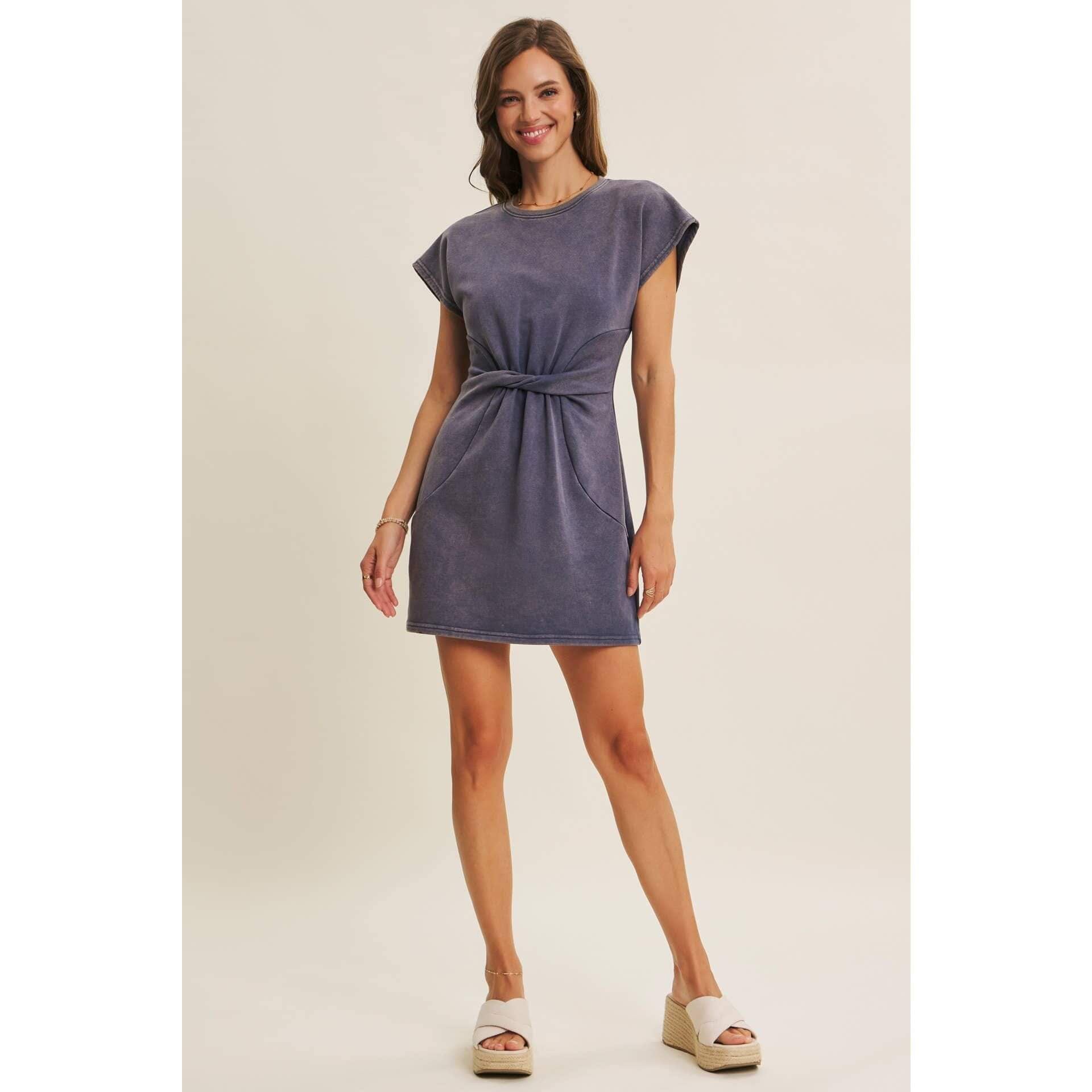 EASYGOING MINERAL-WASHED WAIST TWIST TERRY MINI DRESS: WASHED DENIM / S