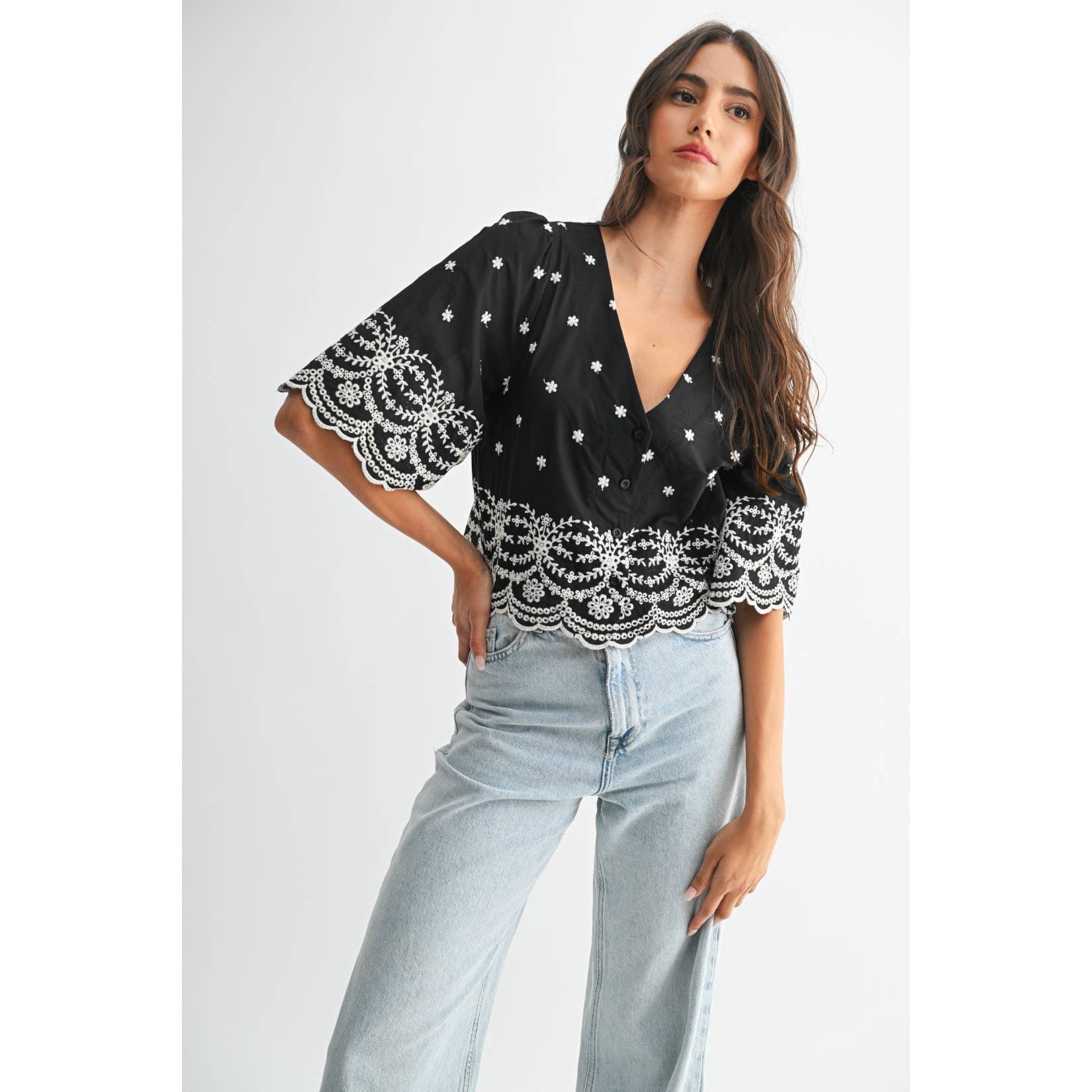BLACK EMBROIDERED BLOUSE TOP: BLACK / S-M-L(3-2-1)