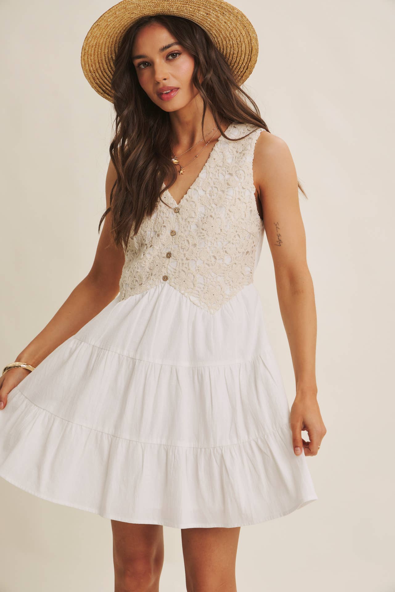 FRENCH PICNIC MIXED MEDIA COTTON CROCHET MINI DRESS: OFF WHITE / S