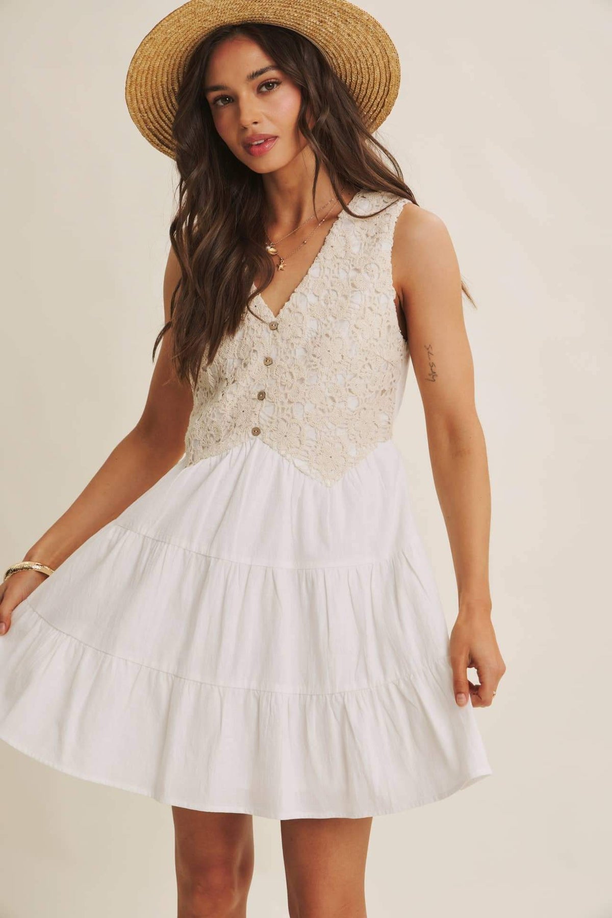 FRENCH PICNIC MIXED MEDIA COTTON CROCHET MINI DRESS: OFF WHITE / S