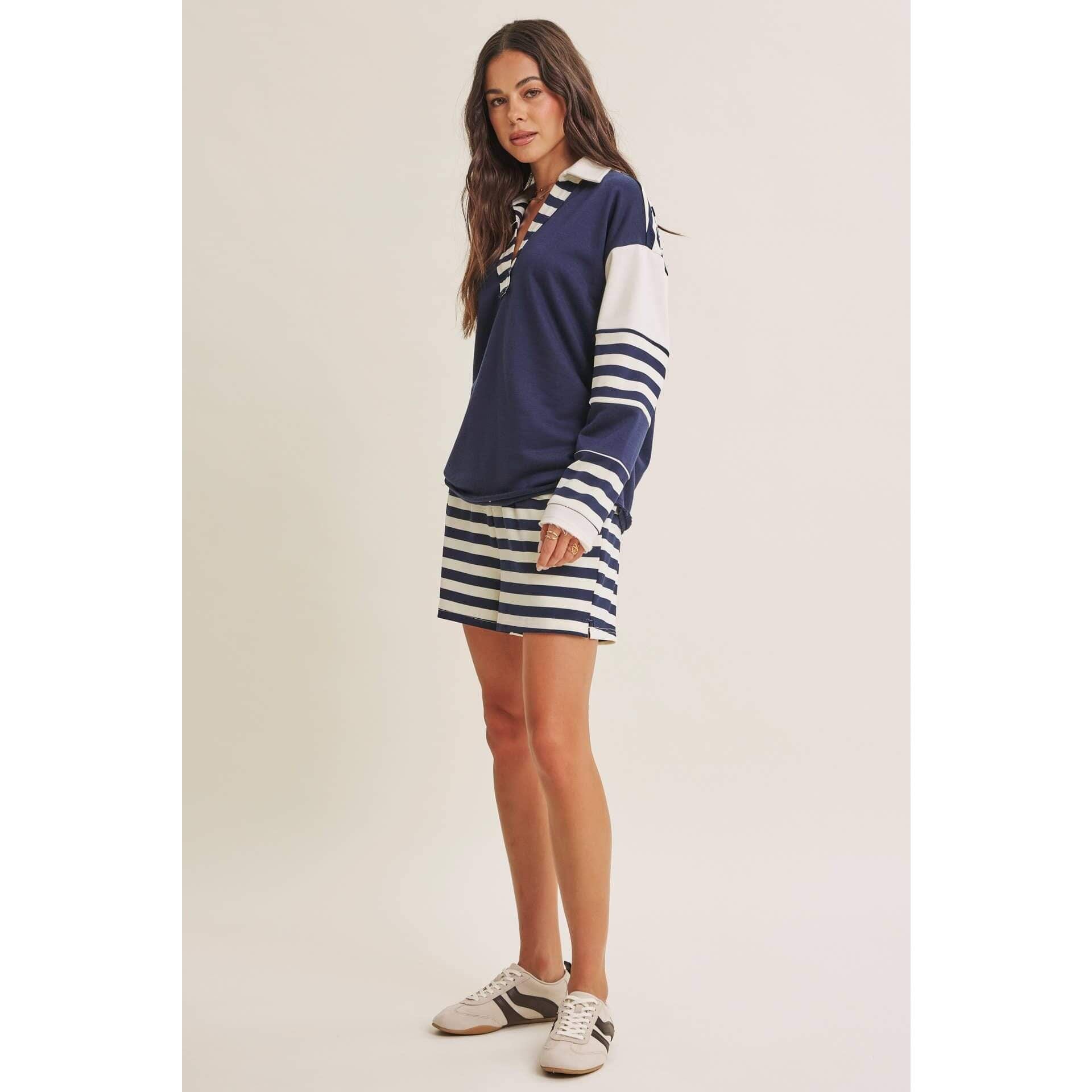 Coastal Stripe Relaxed French Terry Collared Top