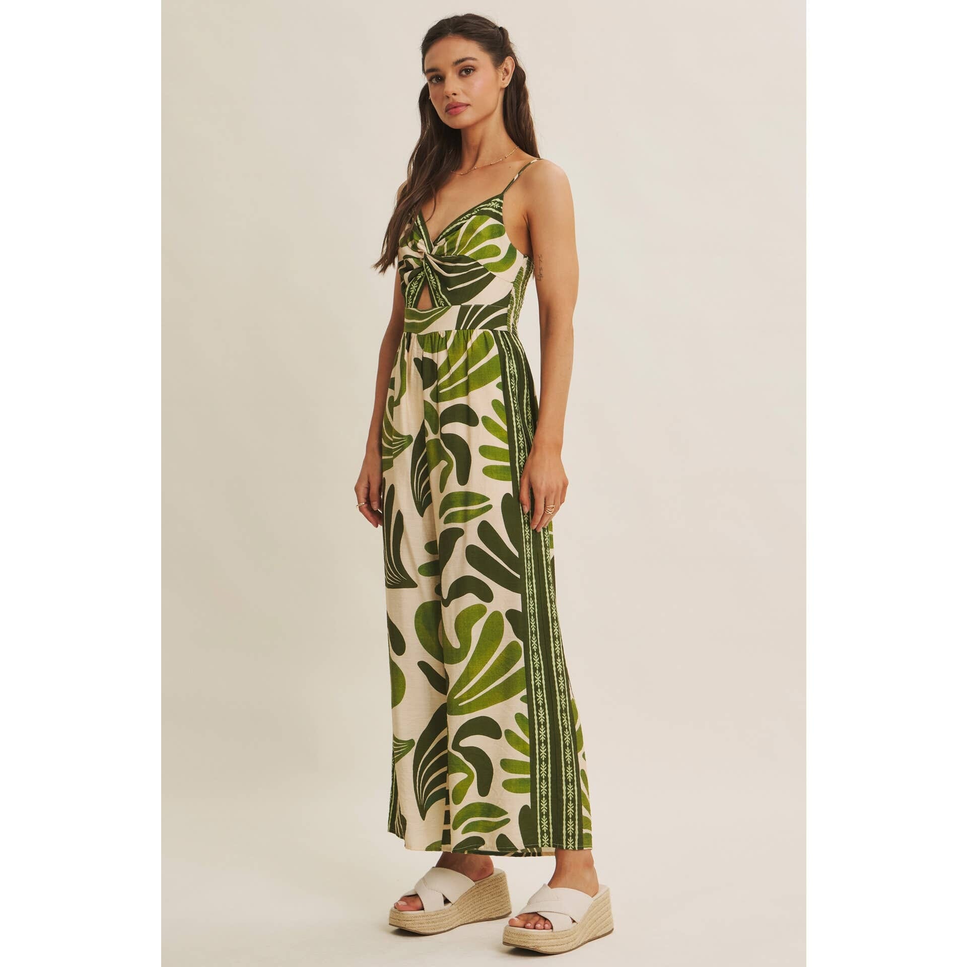 ISLAND BREEZE BORDER PRINT KNOT FRONT WIDE-LEG JUMPSUIT: OLIVE / L