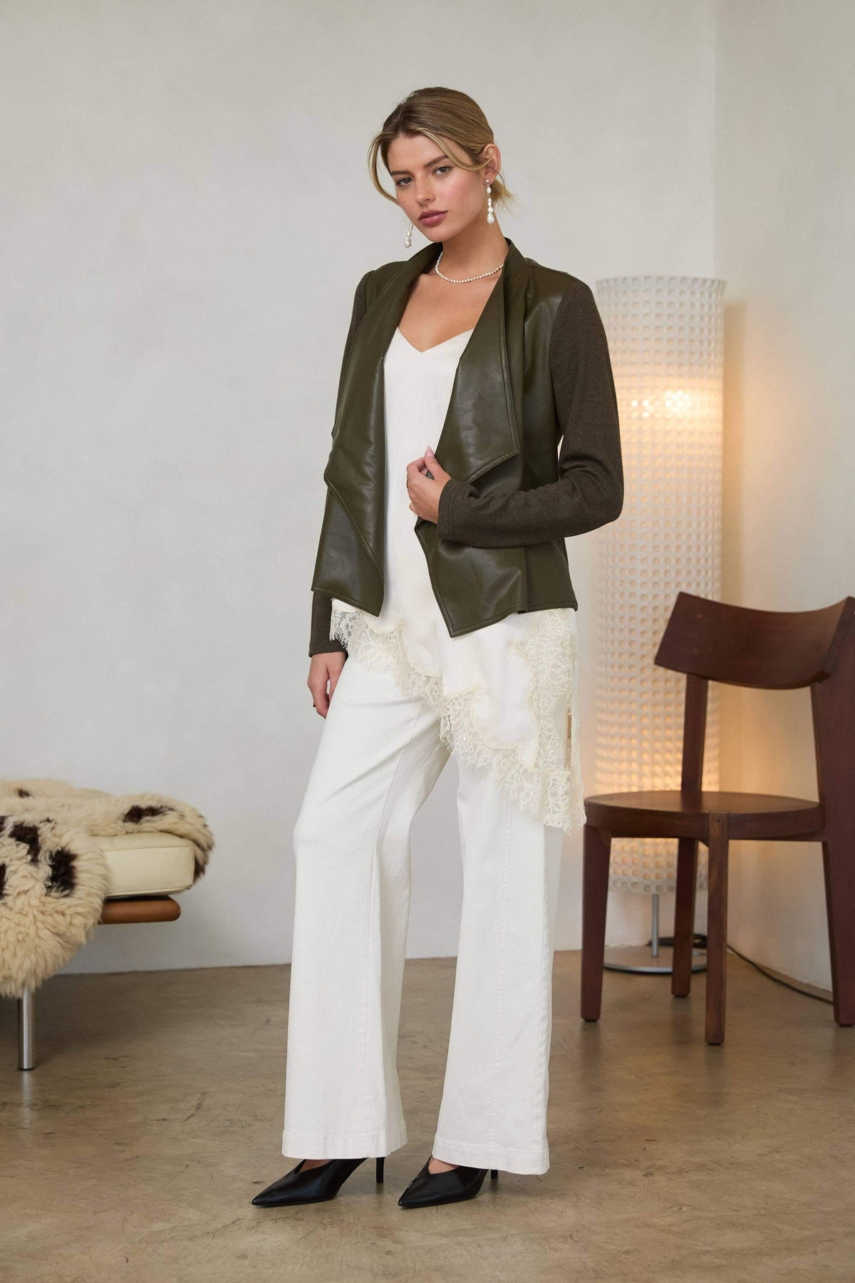 Mixed Media Faux Leather Draped Jacket: Olive / XS