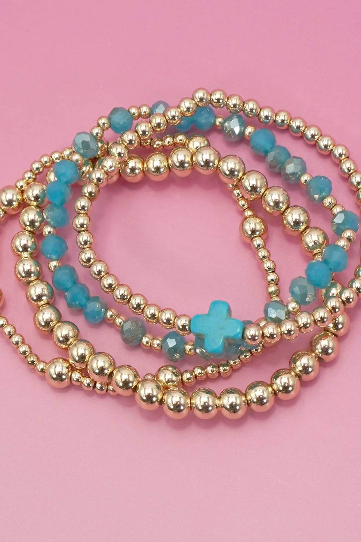 BOHO CROSS MULTI COLORFUL BEADED STRETCH BRACELET | 40B5180: TURQ
