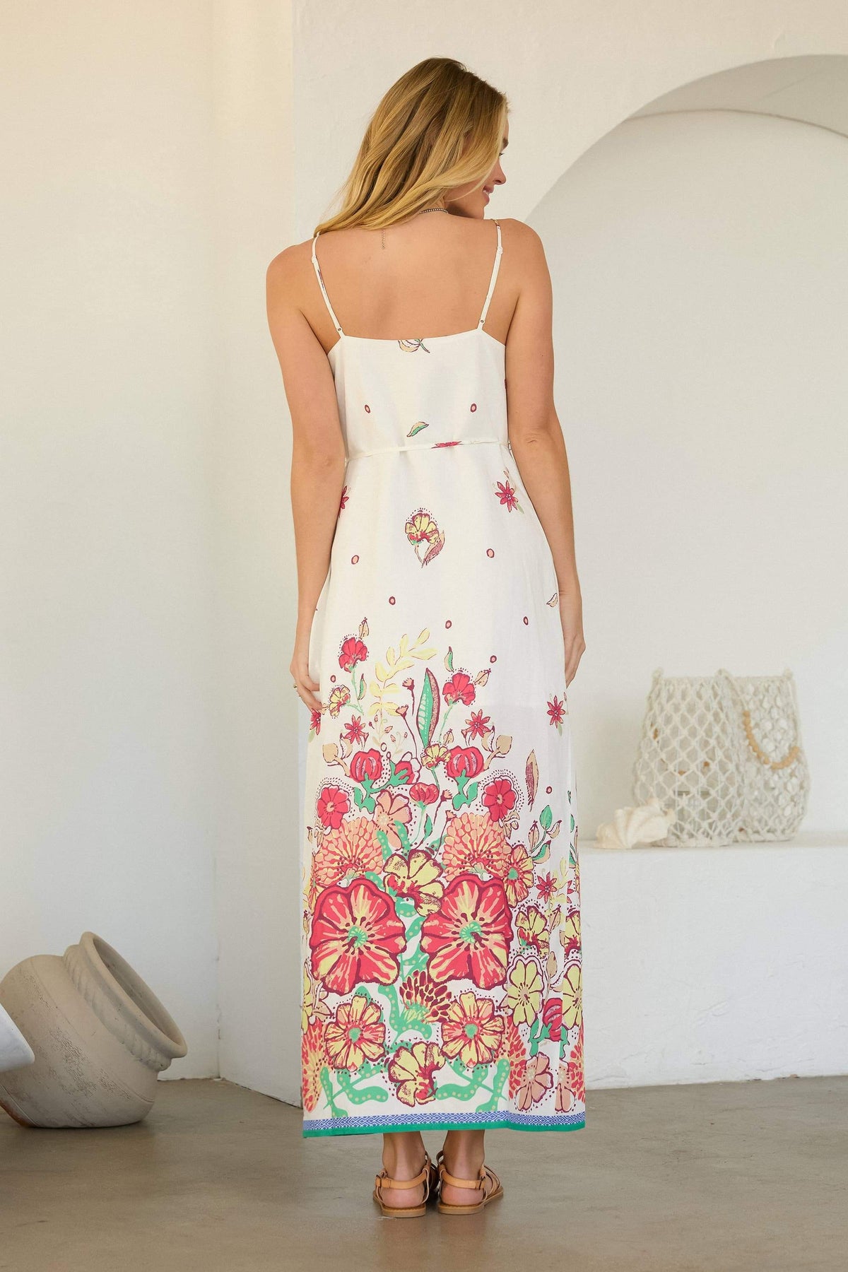 Floral Border Button Front Long Dress: Green-Coral / XS