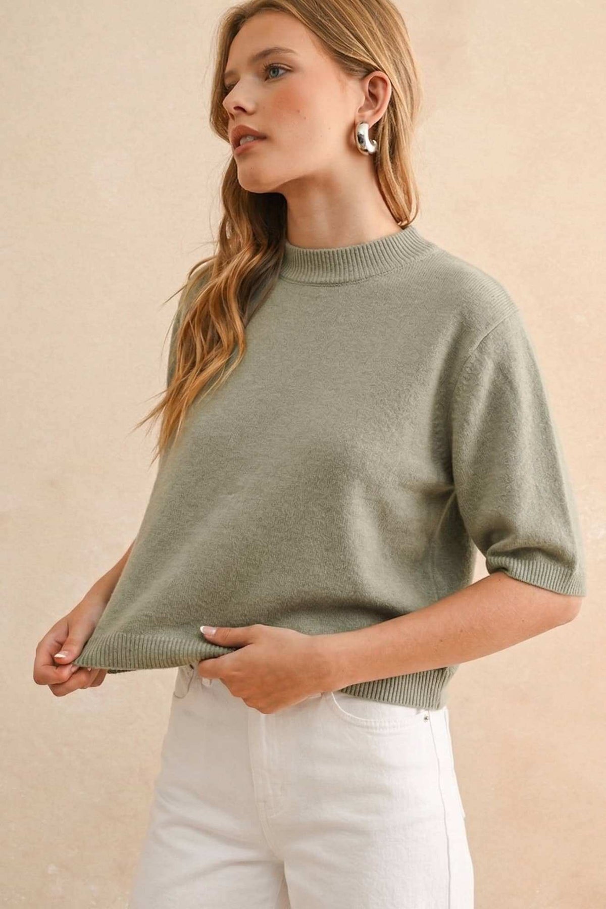 Sage Butter Cropped Short Sleeve Knit Sweater Top