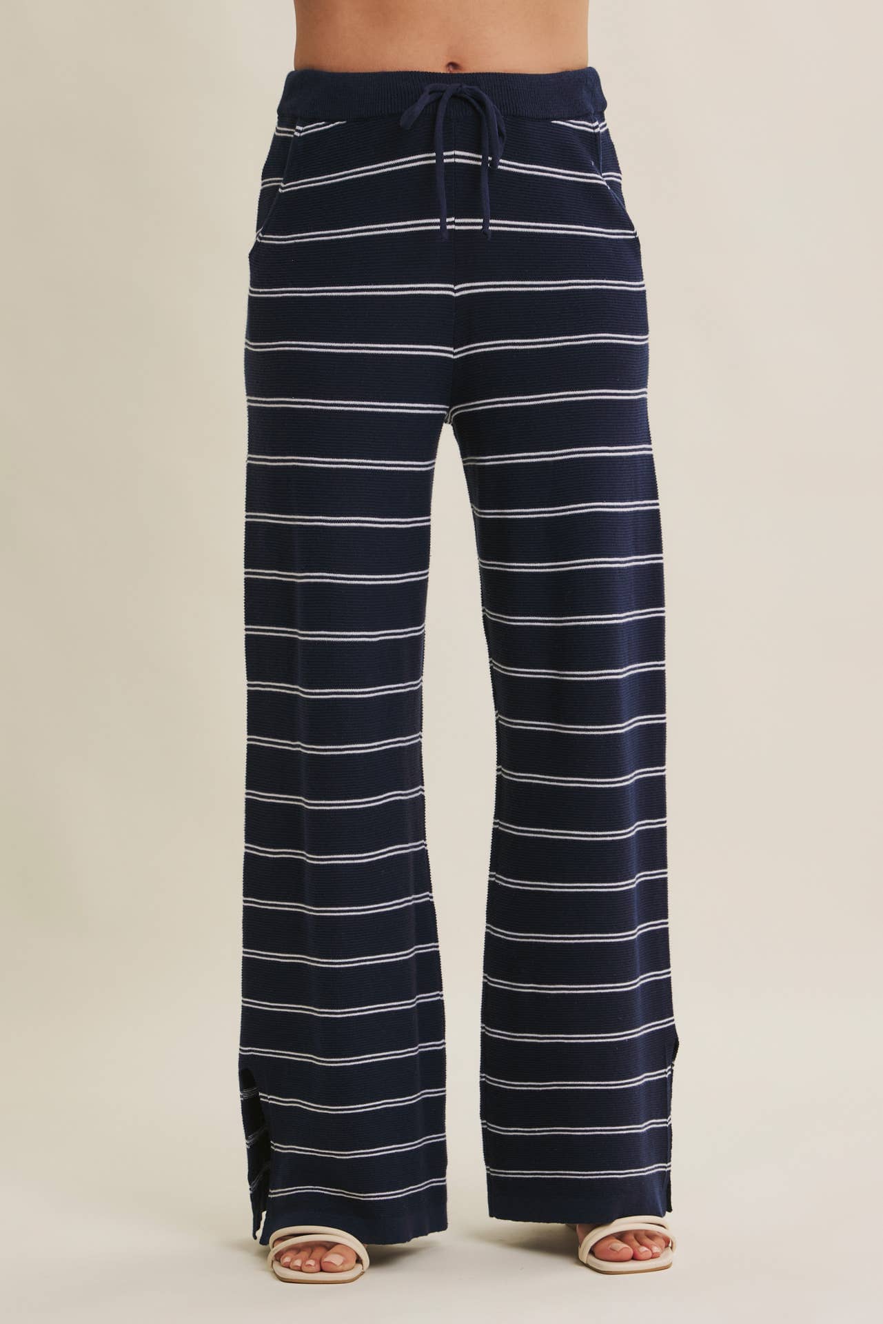 Navy Stripe Wide-Leg Linen-Cotton Knit Pants