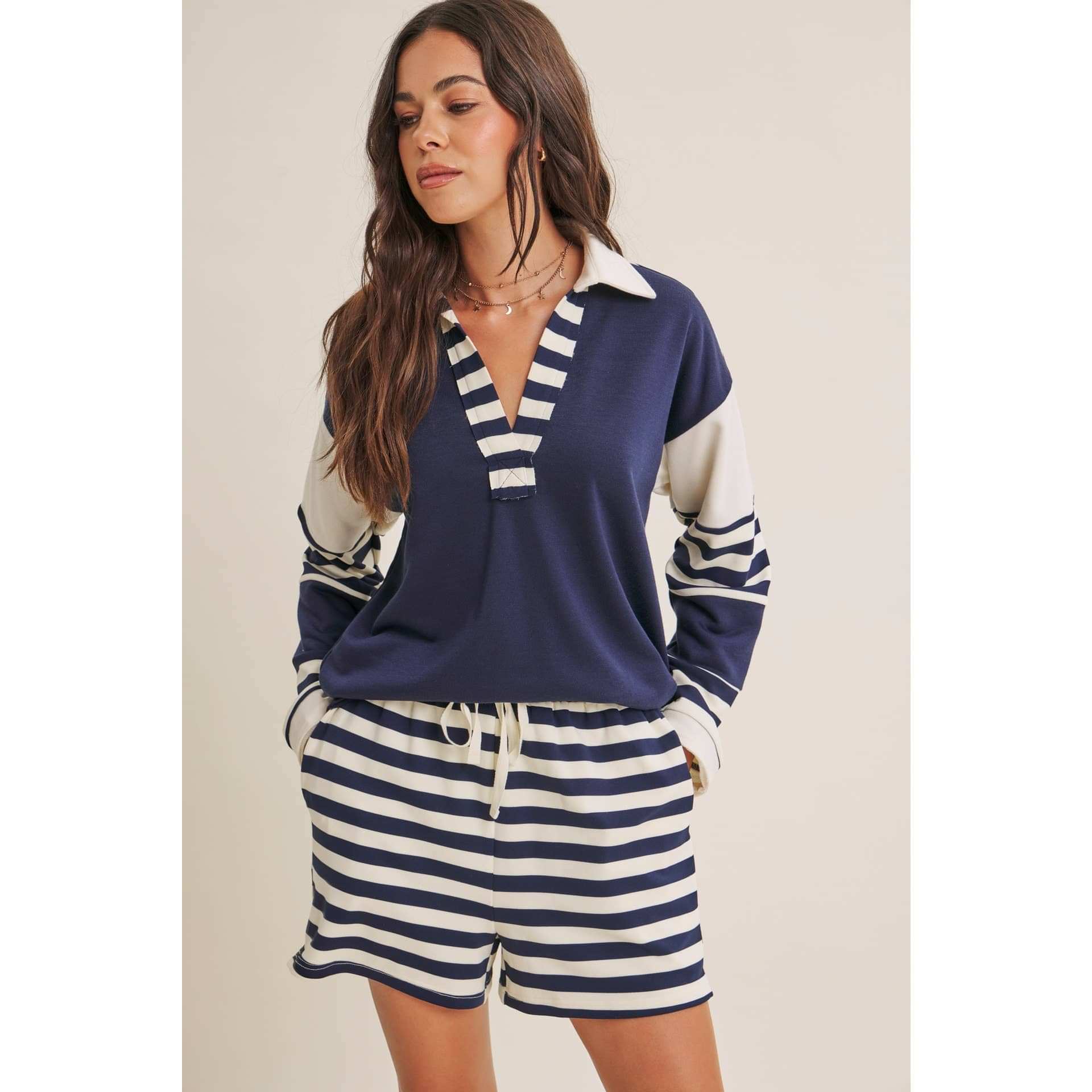 Coastal Stripe Relaxed French Terry Collared Top