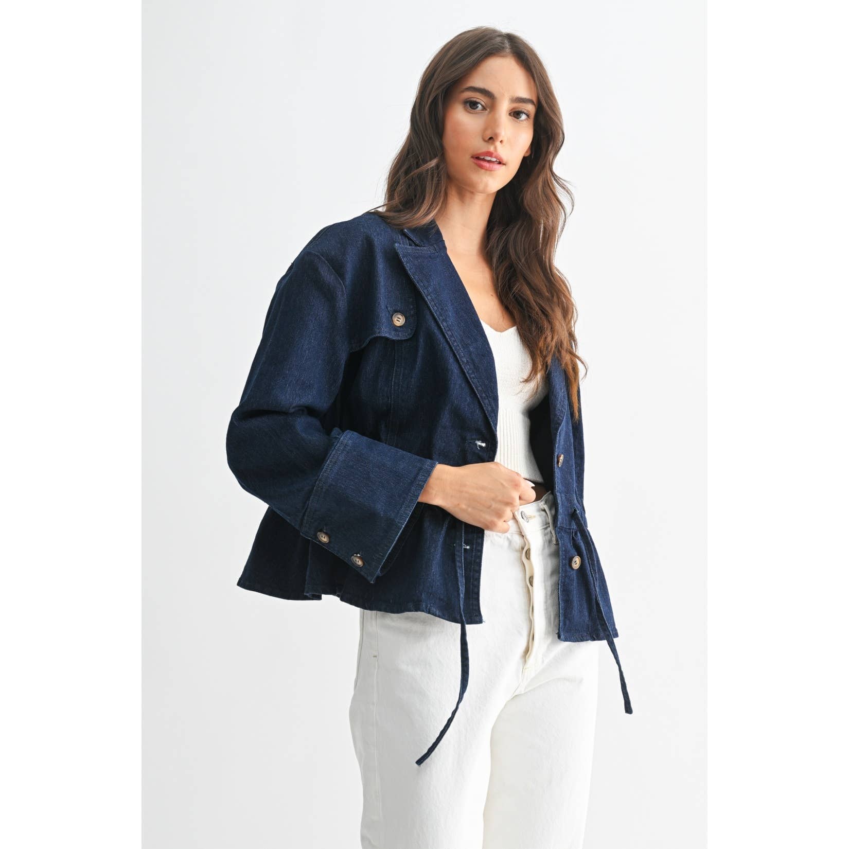 PREMIUM DENIM JACKET WITH ADJUSTABLE WAIST: DARK DENIM / S-M-L(3-2-1)