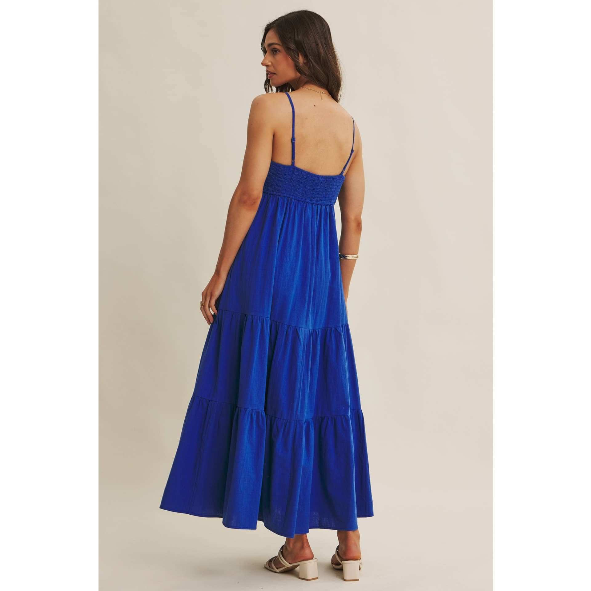 Royal Blue Smocked Back Ruched Cotton Maxi Dress with Pockets