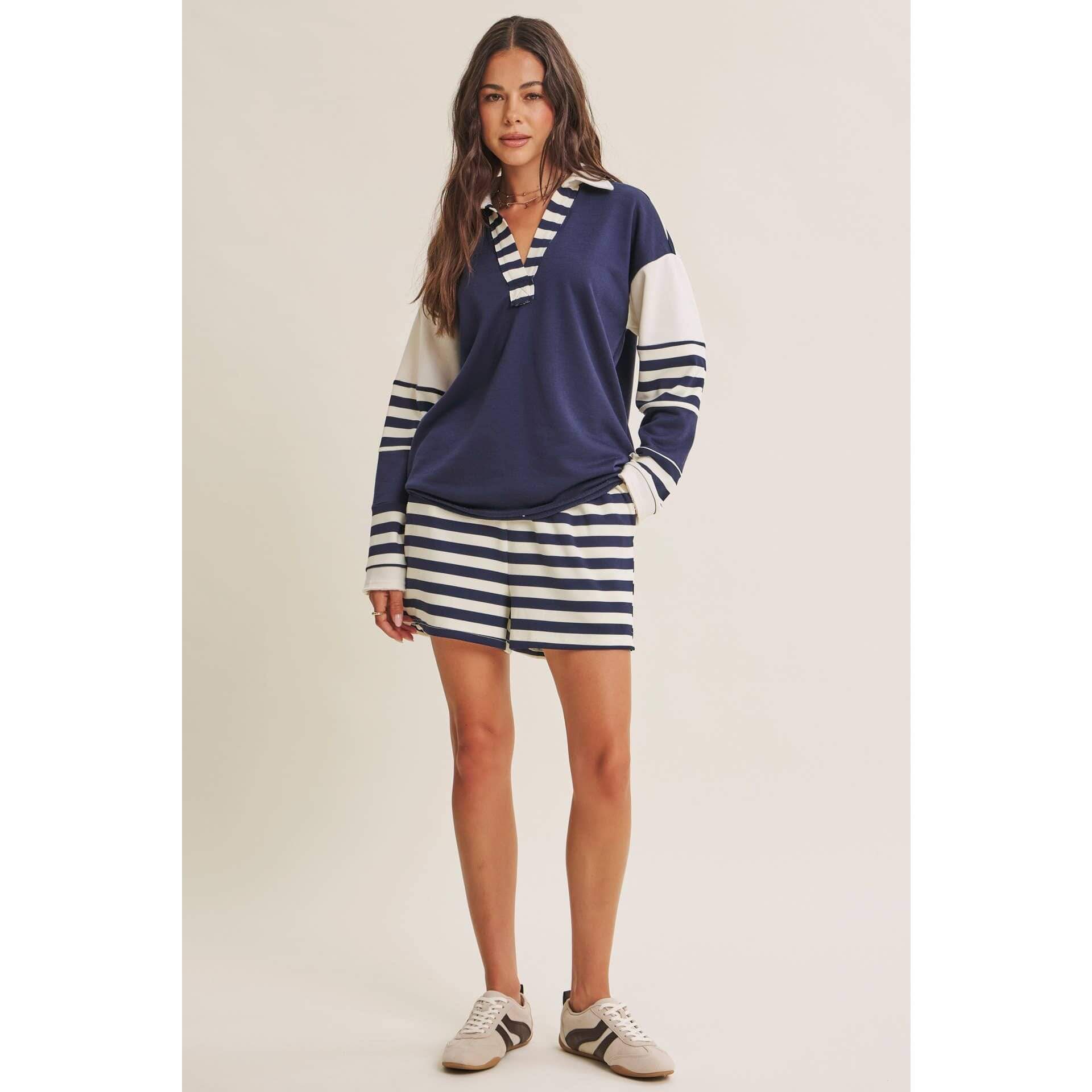 Coastal Stripe Relaxed French Terry Collared Top